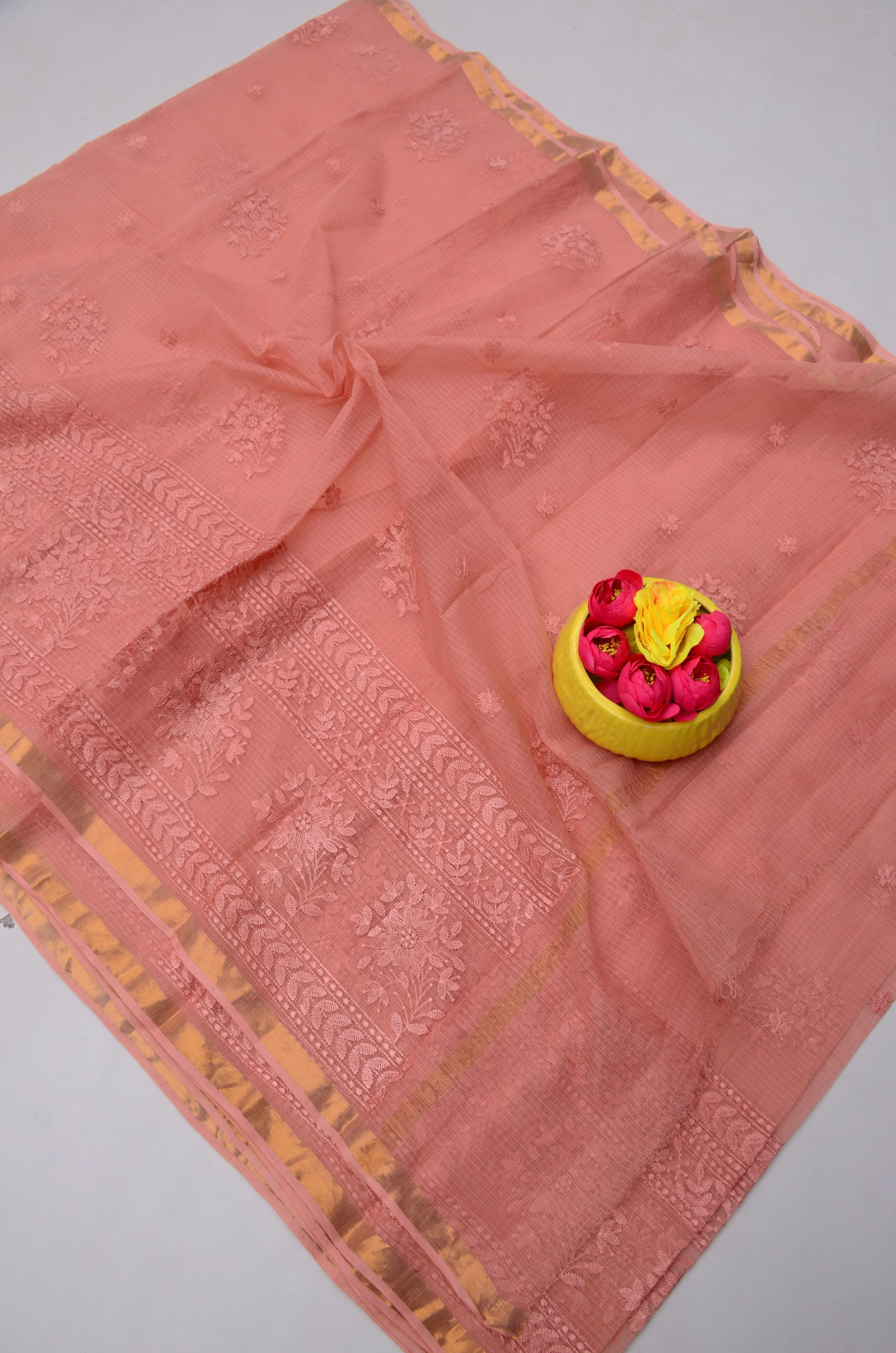 Peach Kota Doria All Over Embroidery Work Saree