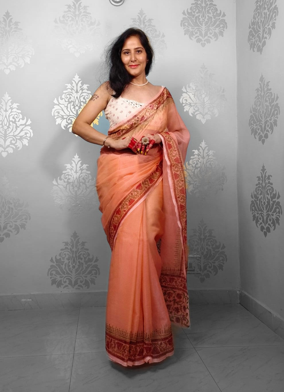 Cream Kota Doria Hand Block Print Saree