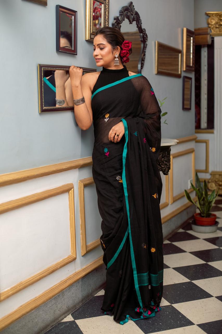 Black Premium Mulmul Cotton Hand Crafted Saree