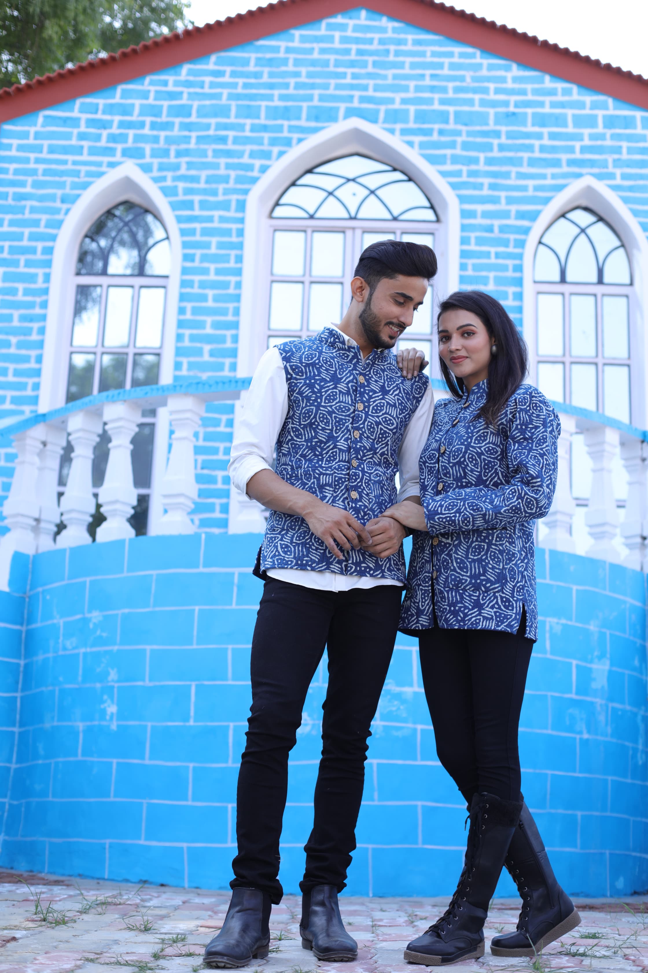 Blue Color Twinning Couple Pure Cotton Bagru Print Quilted Reversible Jackets