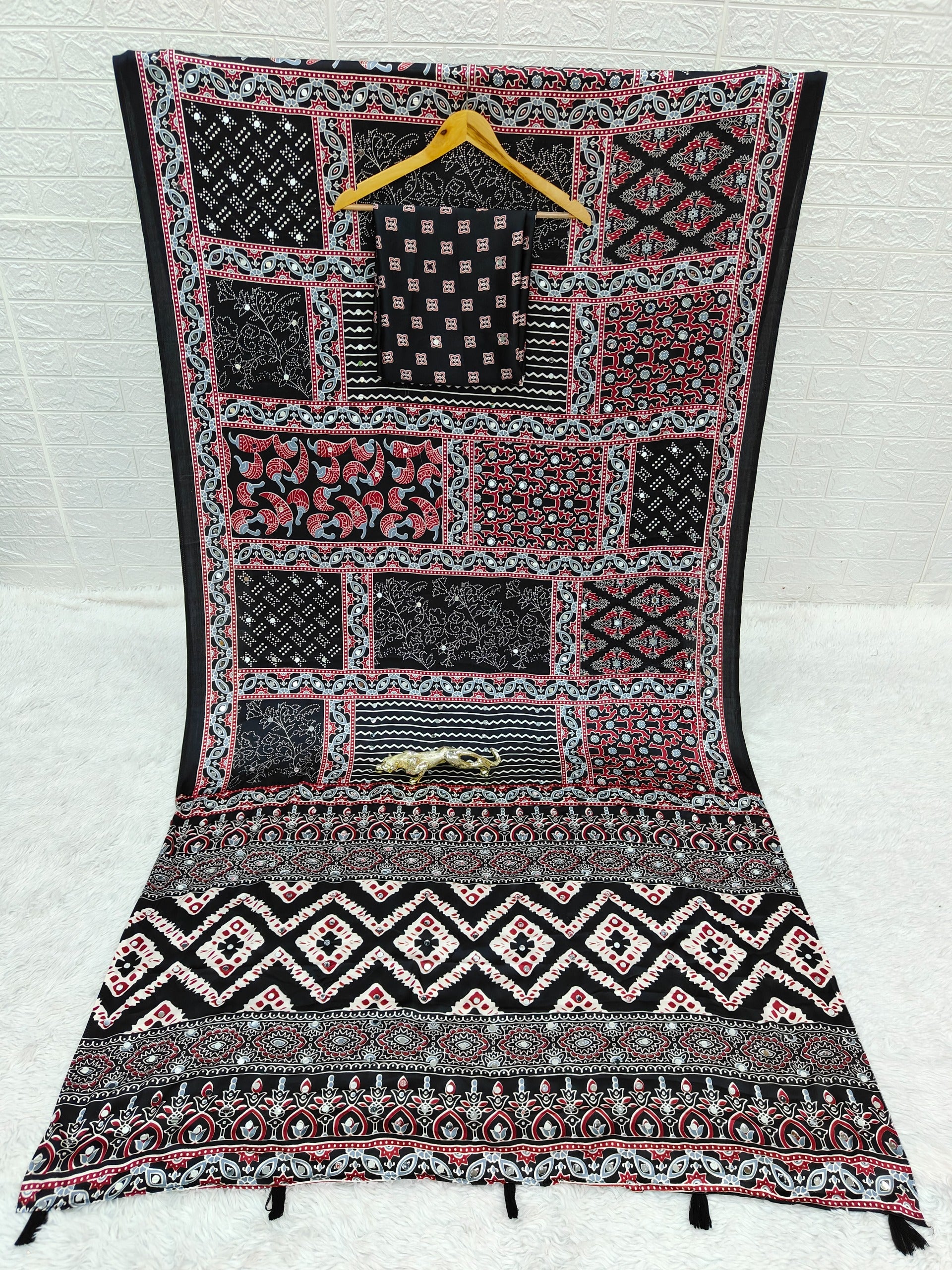 Black Ajrakh Print Mirror Work Satin Silk Saree
