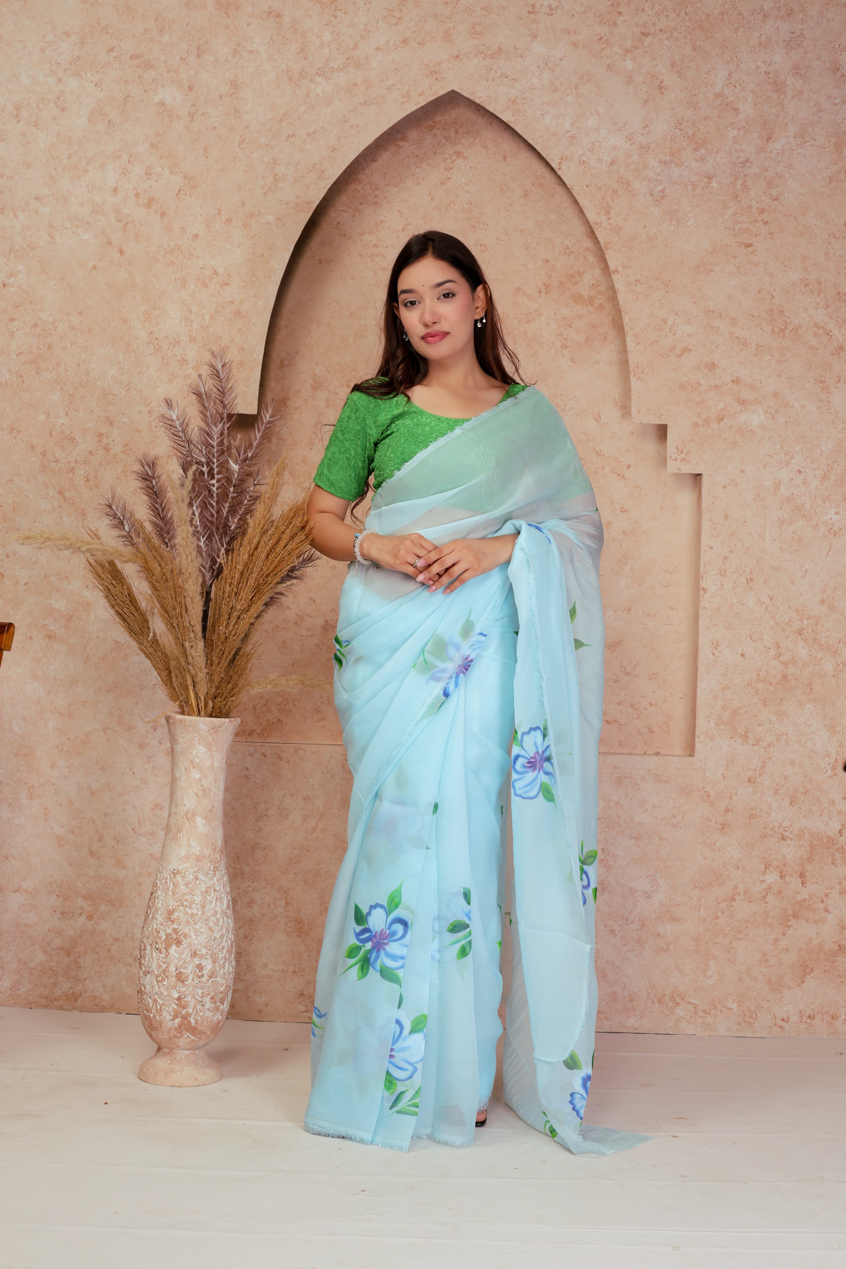 Organza Hand Painted Saree In Light Green