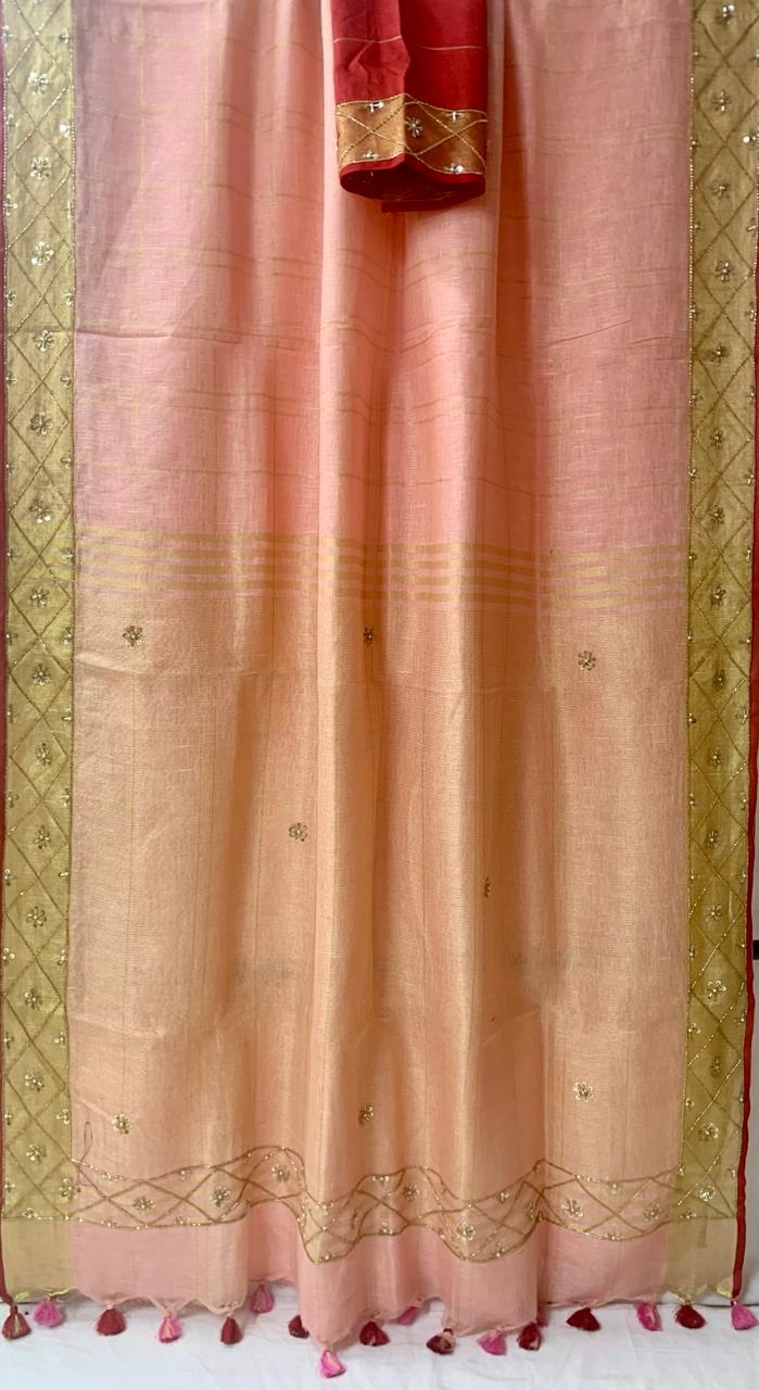 Peach Pure Linen Embroidery Saree