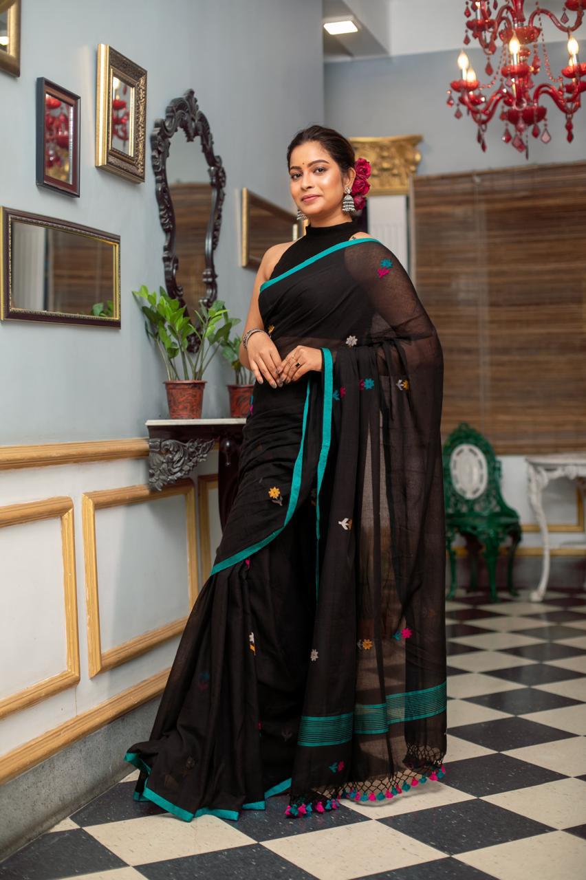 Black Premium Mulmul Cotton Hand Crafted Saree