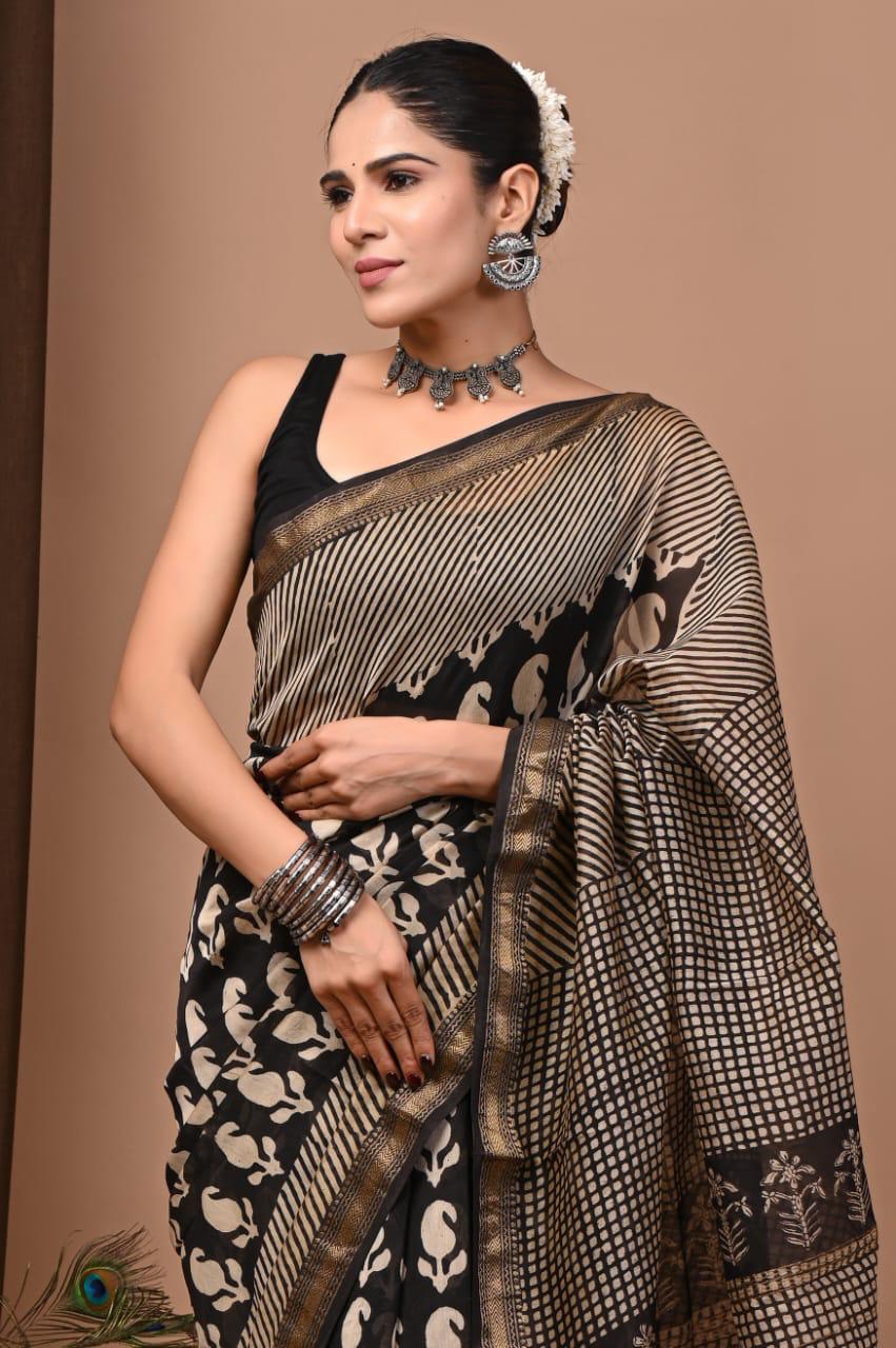 Black Maheshwari Silk Bagru Hand Block Print Saree