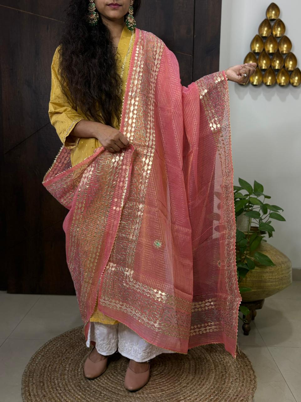 Pink Kota Doria Heavy Gota Patti Work Dupatta