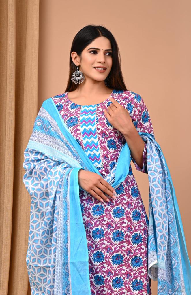 Blue Pink Block Print Suit Set With Dupatta