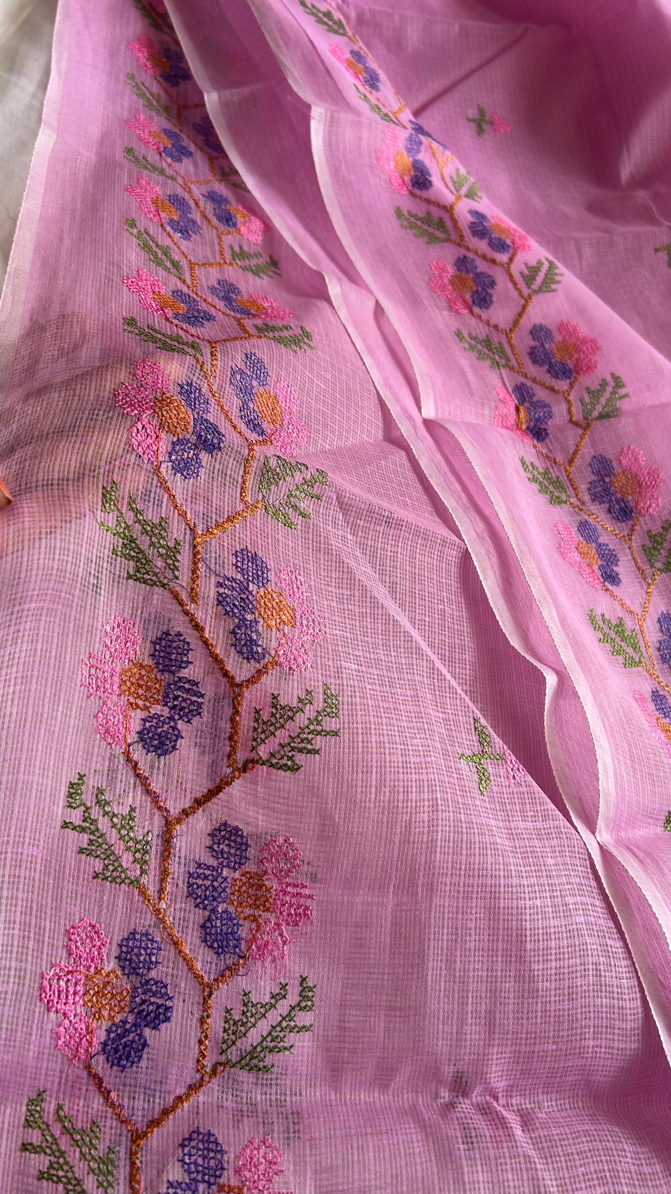 Cross Stitch Kota Doria Embroidery Work Saree In Pink