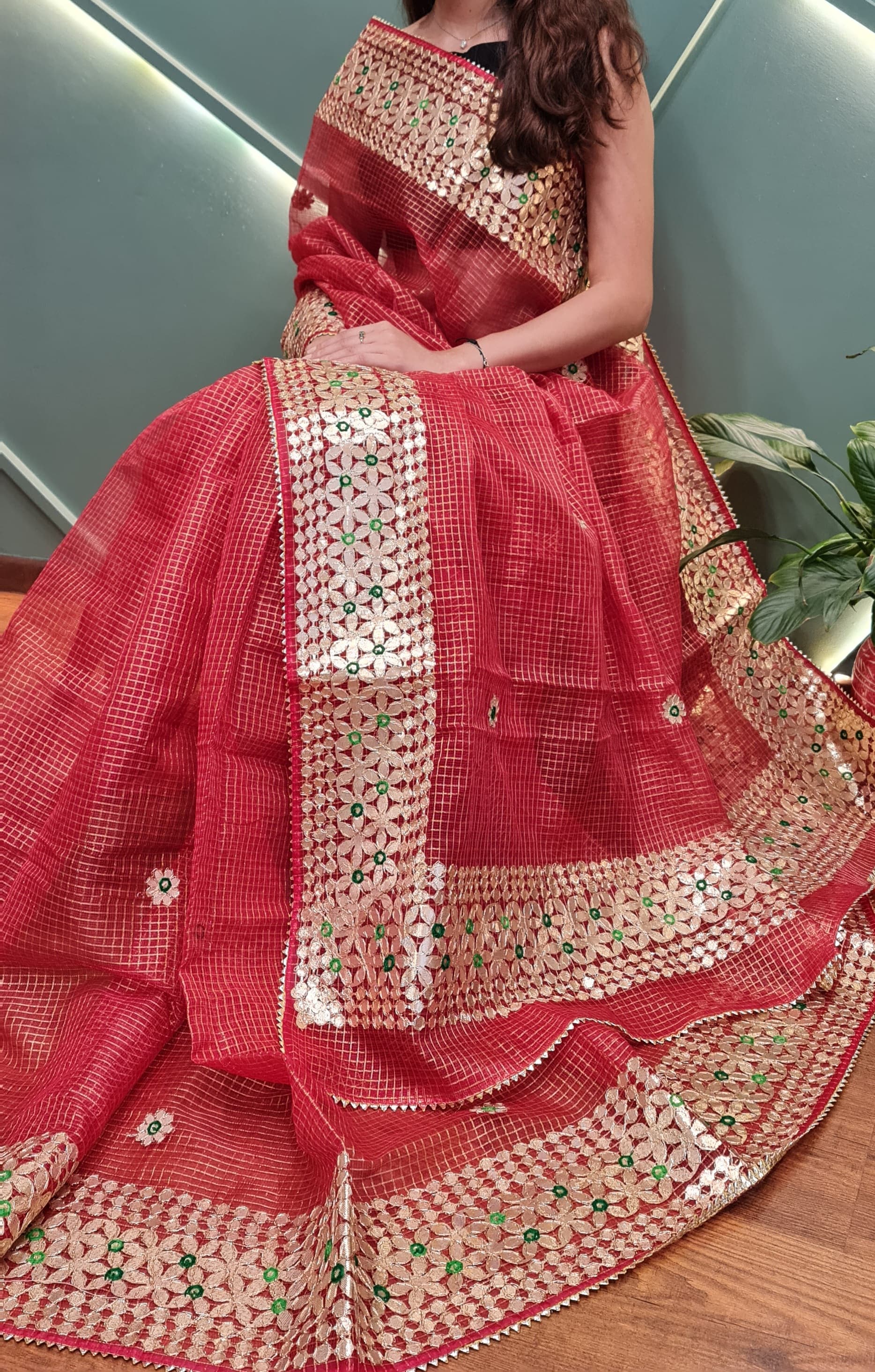 Roothi- Red Kota Doria Heavy Border Gota Patti Saree
