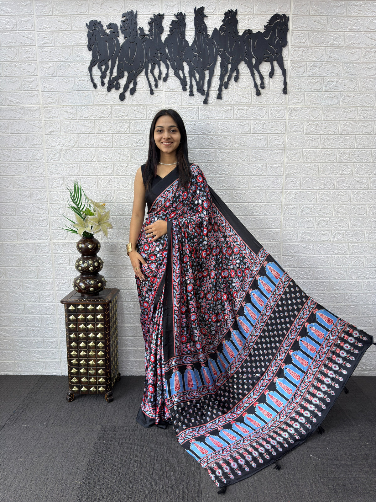 Blue Ajrakh Print Mirror Work Satin Silk Saree