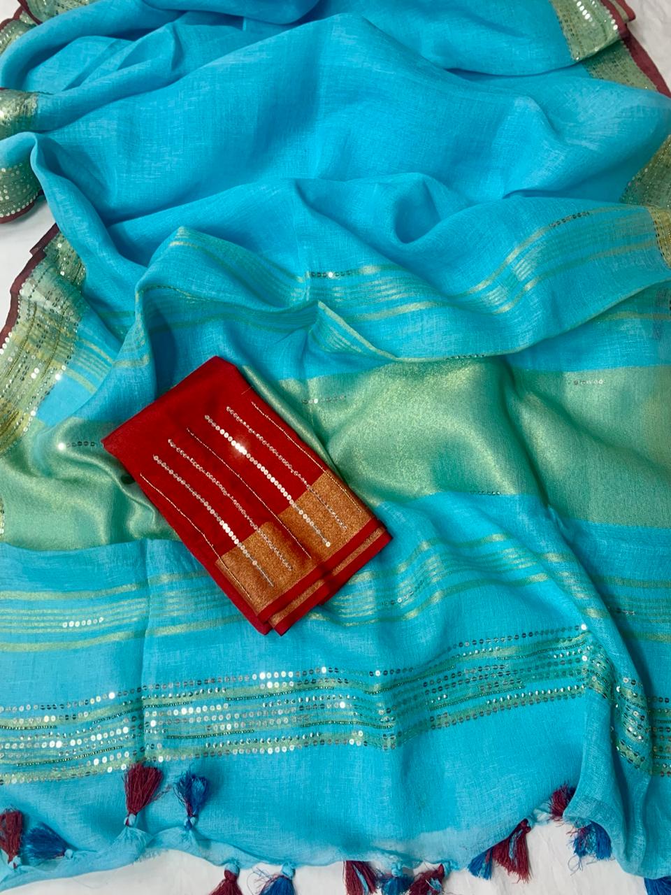 Blue Pure Linen Embroidery Saree