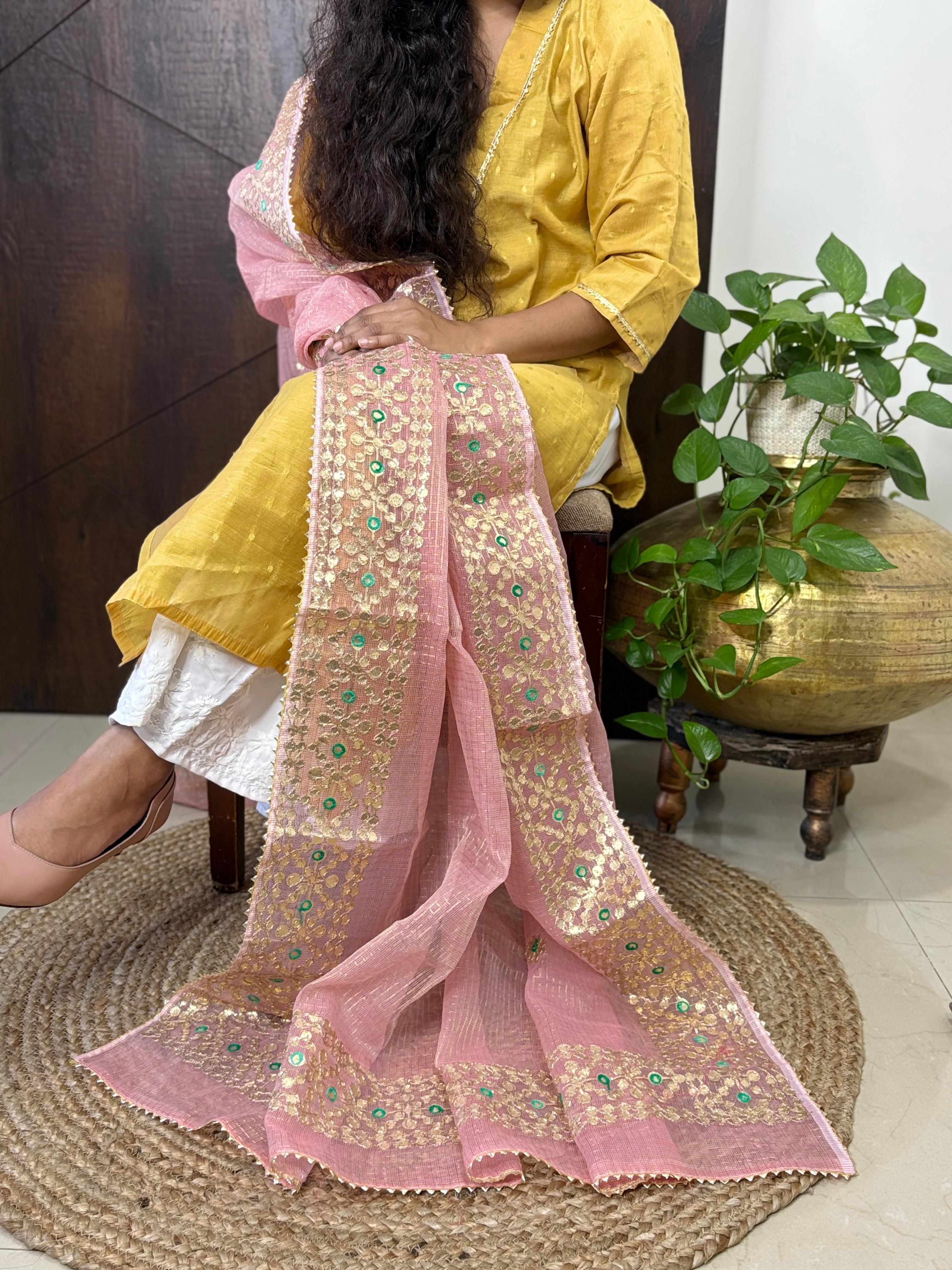 Pink Kota Doria Heavy Gota Patti Work Dupatta