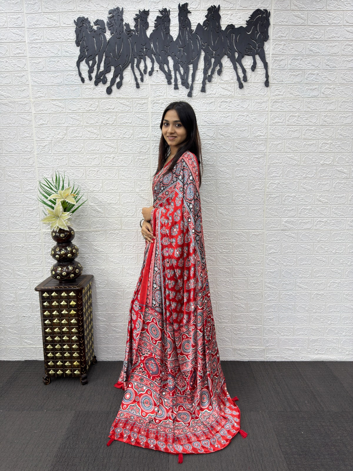 Red Ajrakh Print Mirror Work Satin Silk Saree
