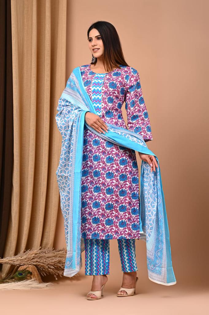 Blue Block Print Suit Set with Dupatta - Stylish Ethnic Ensemble