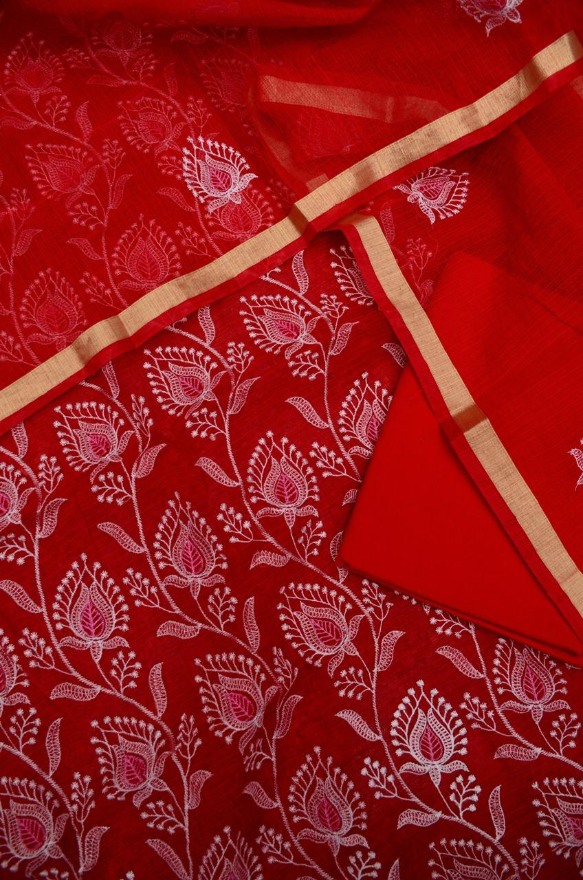 Kota Doriya Embroidery Work Suit In  Red