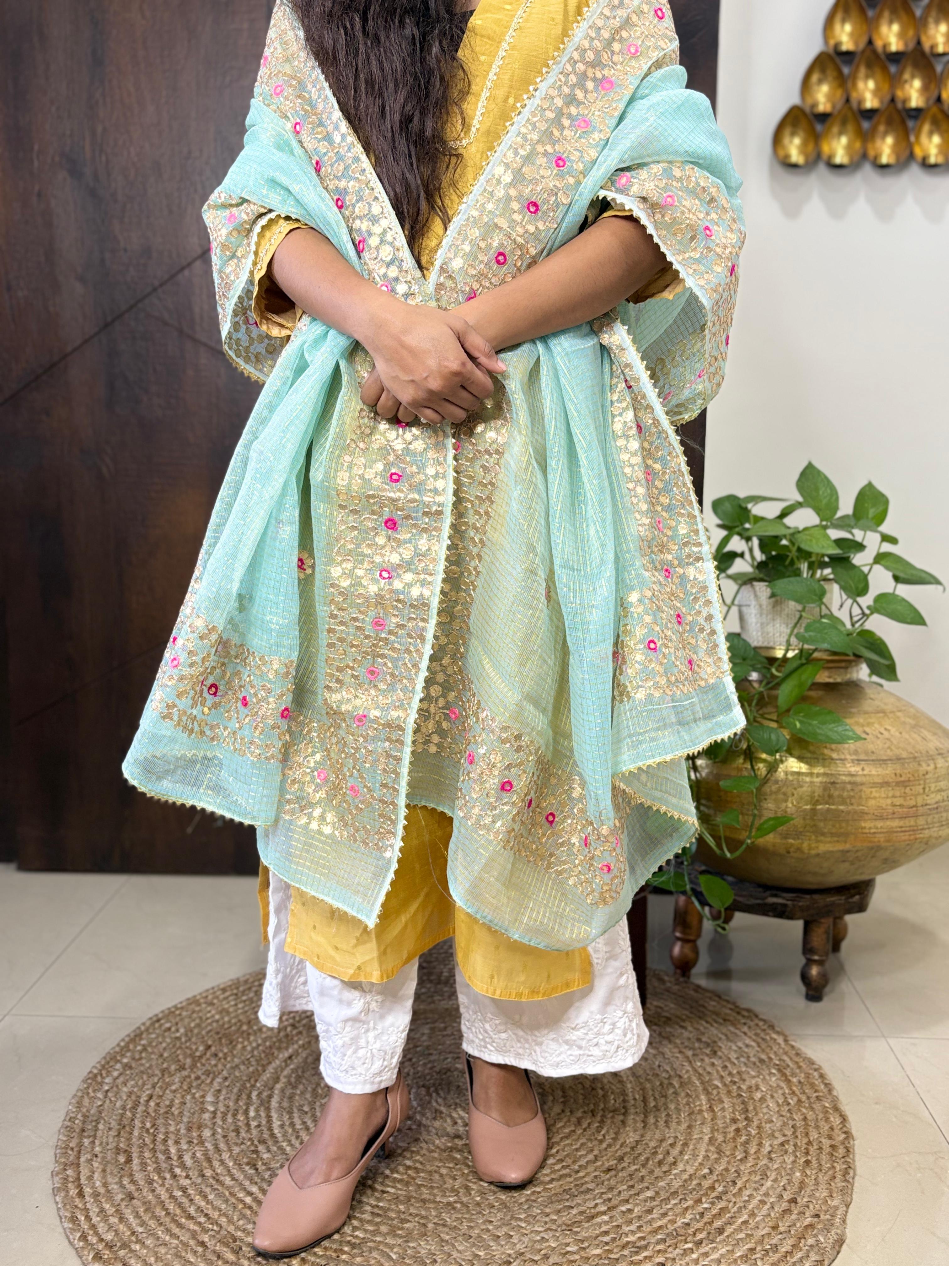 Sky Blue Kota Doria Heavy Gota Patti Work Dupatta