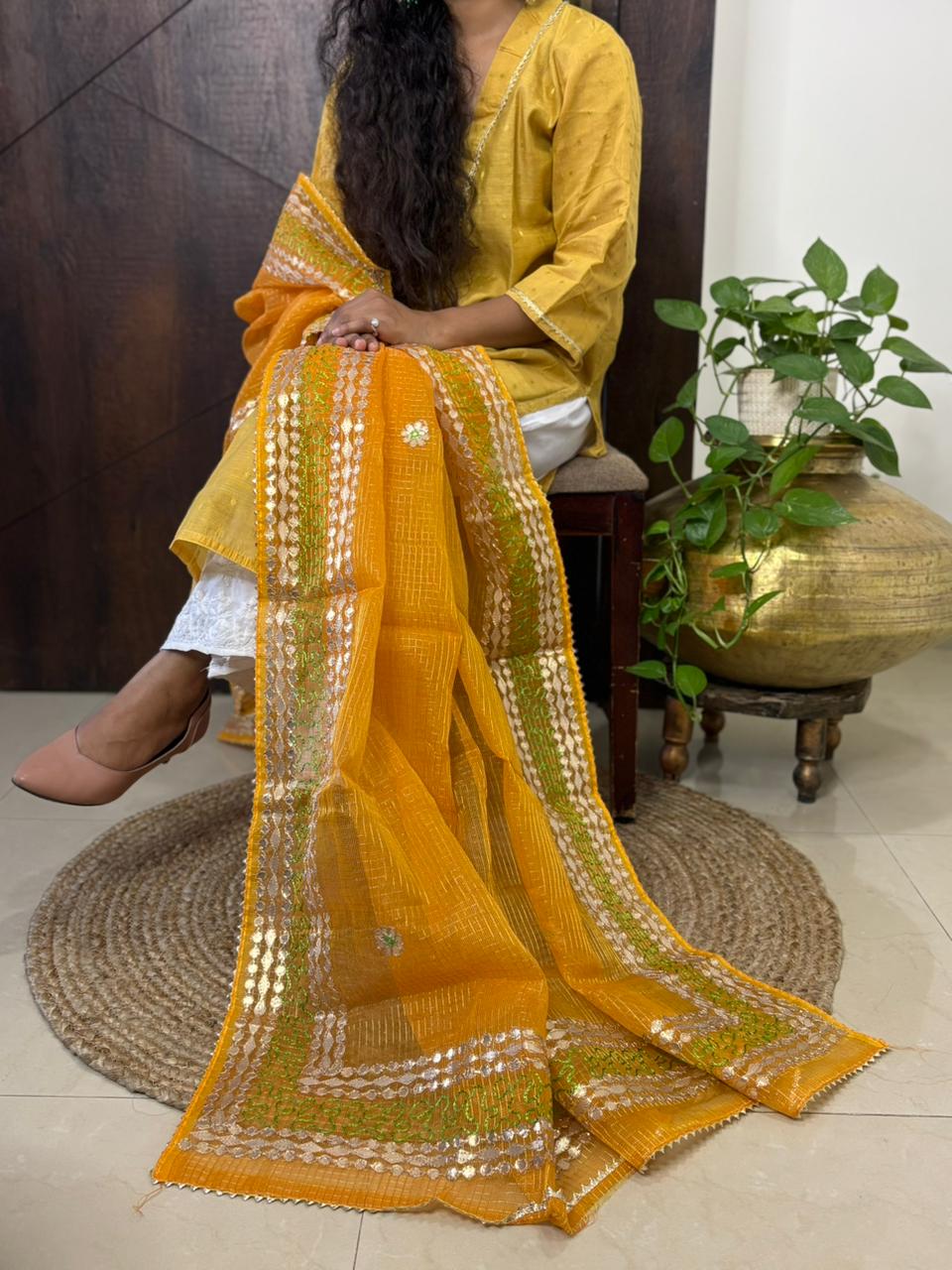 Yellow Kota Doria Heavy Gota Patti Work Dupatta