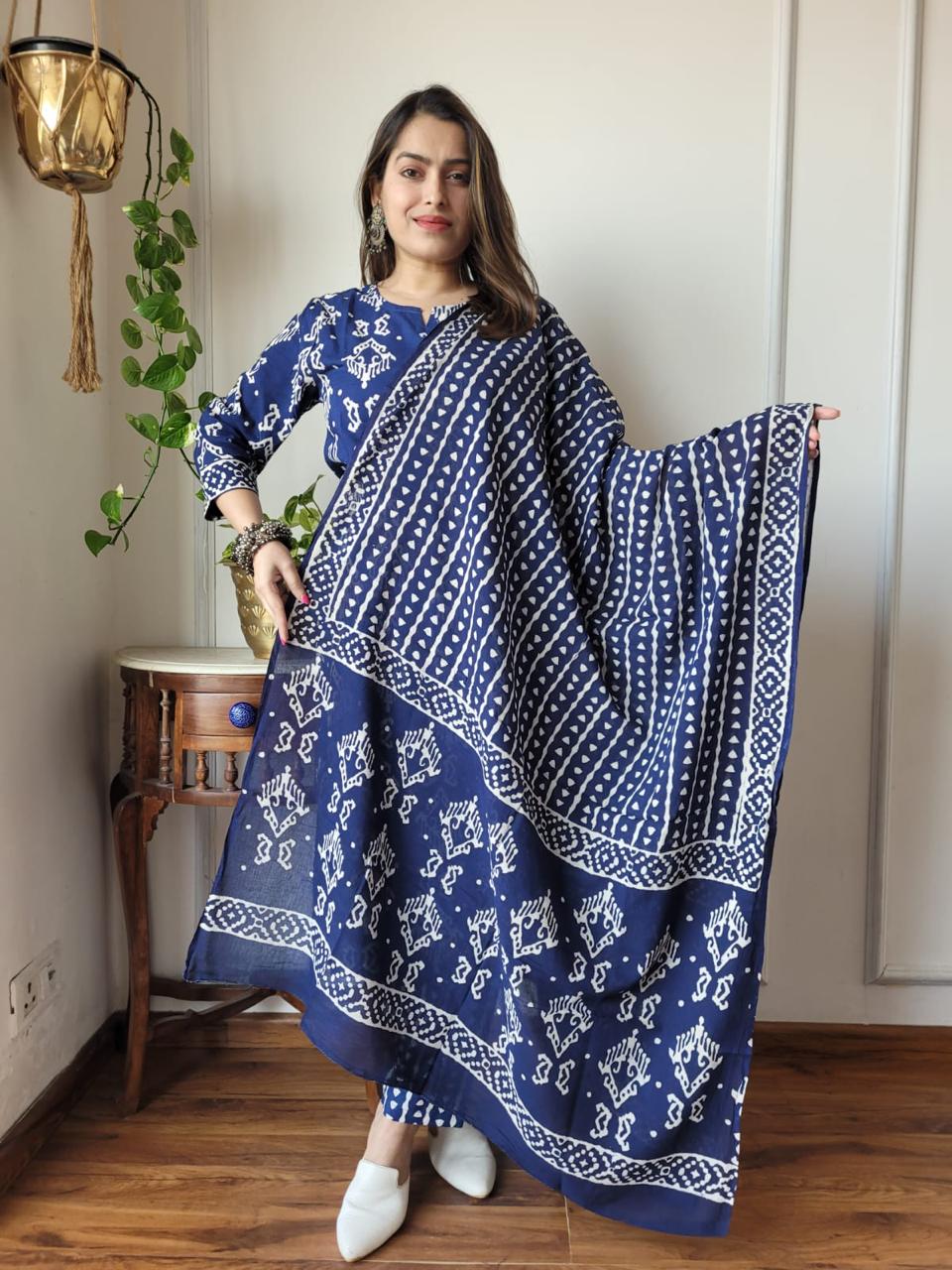 Blue Block Print Suit Set With Dupatta