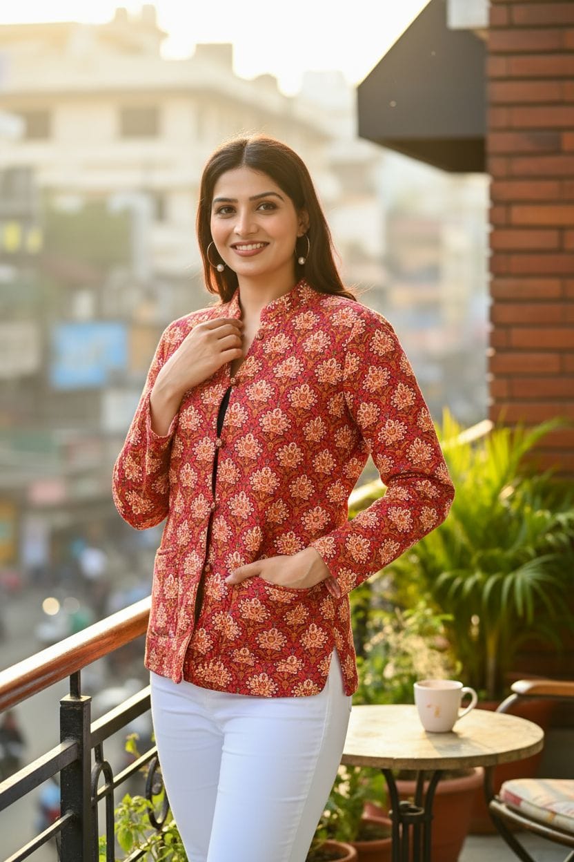 Beautiful Red Pure Cotton Quilted Reversible Print Jackets