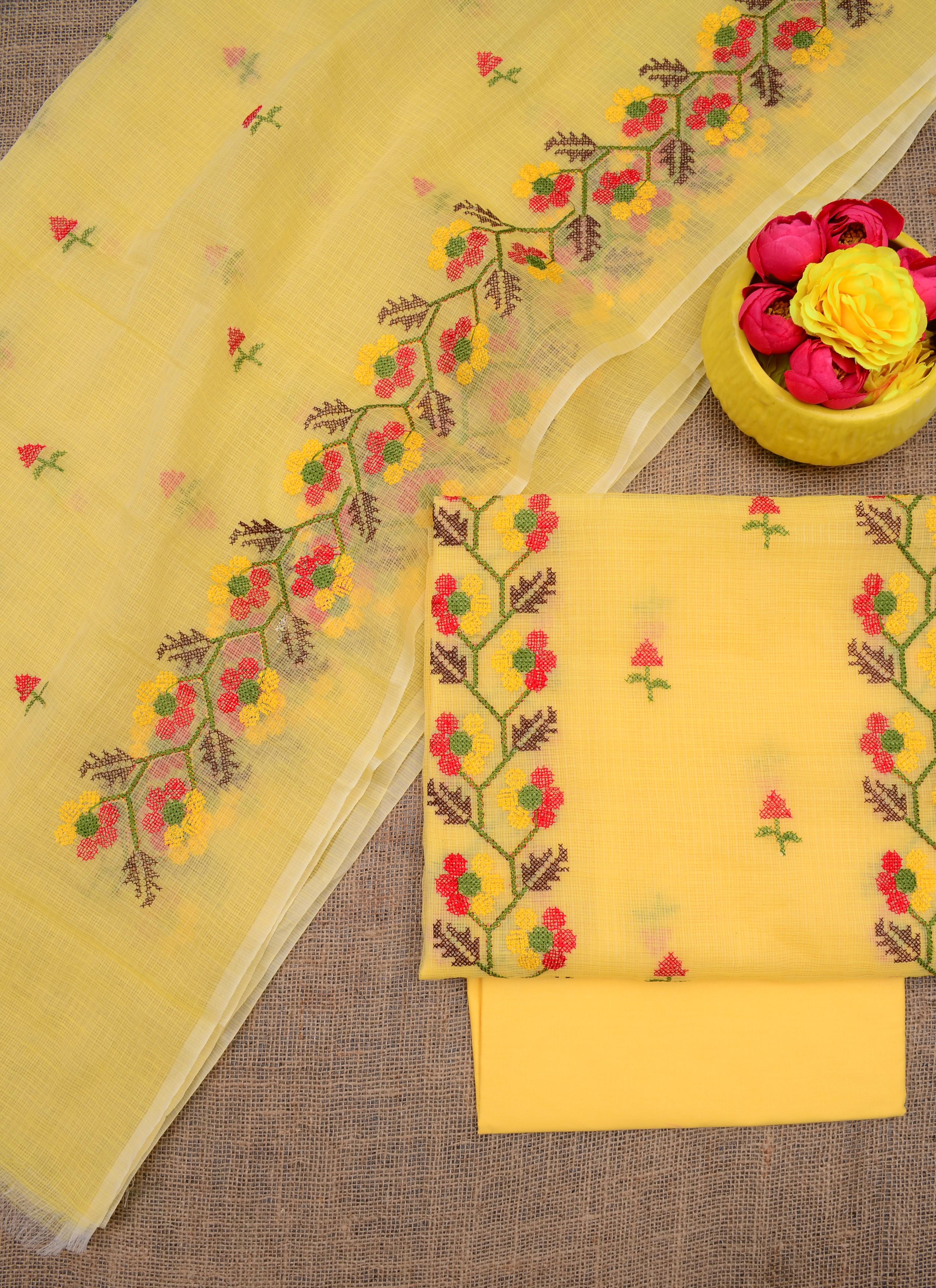 Beautiful Kota Doria Suit In Yellow Colour With Flower Embroidery Work