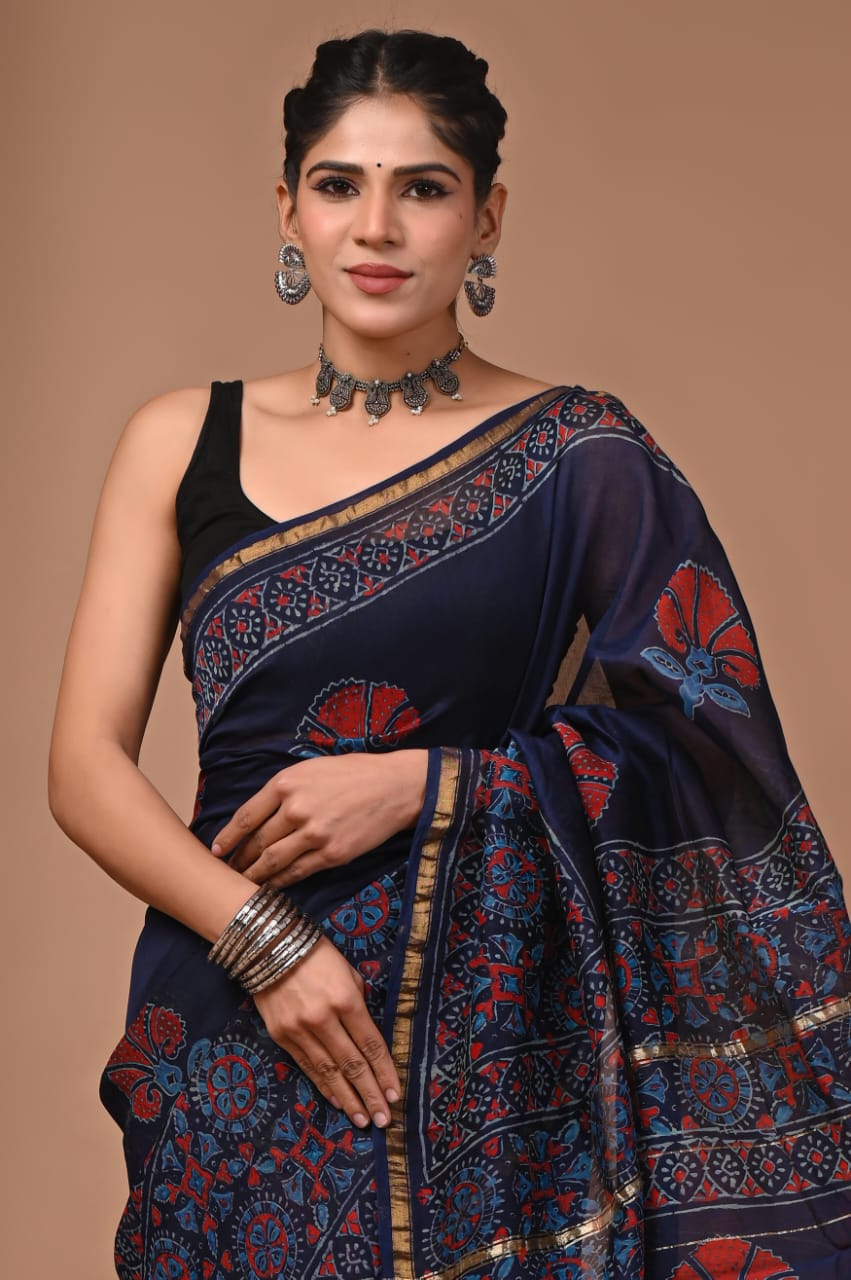 Blue Chanderi Hand Block Printed  Saree