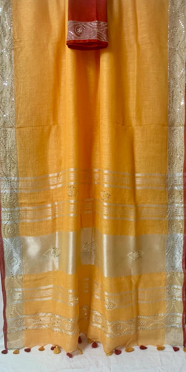 Yellow Pure Linen Embroidery Saree