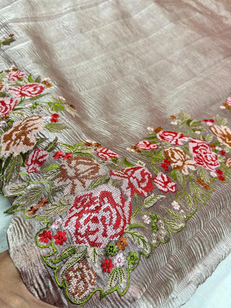 Buy Lilac Grey Tissue Saree In Cut Dana Embroidery In A Moroccan Jaal, The  Border Has Resham Work And Moti Tassel Embroidery