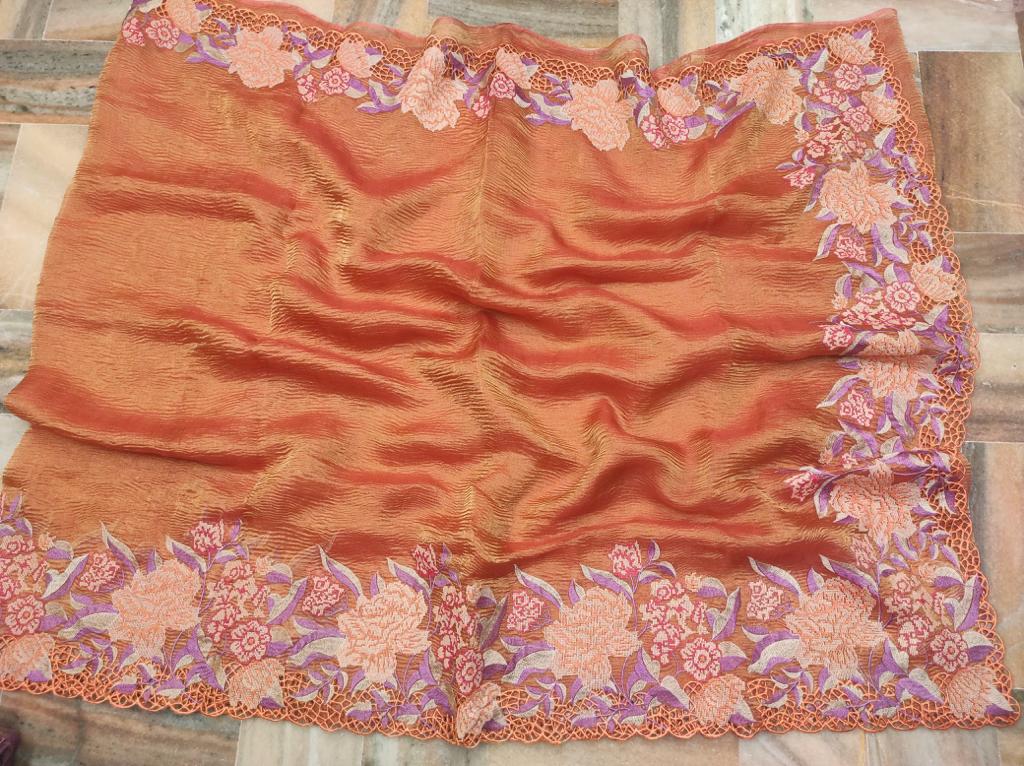 Rust Orange Banarasi Crush Tissue Saree