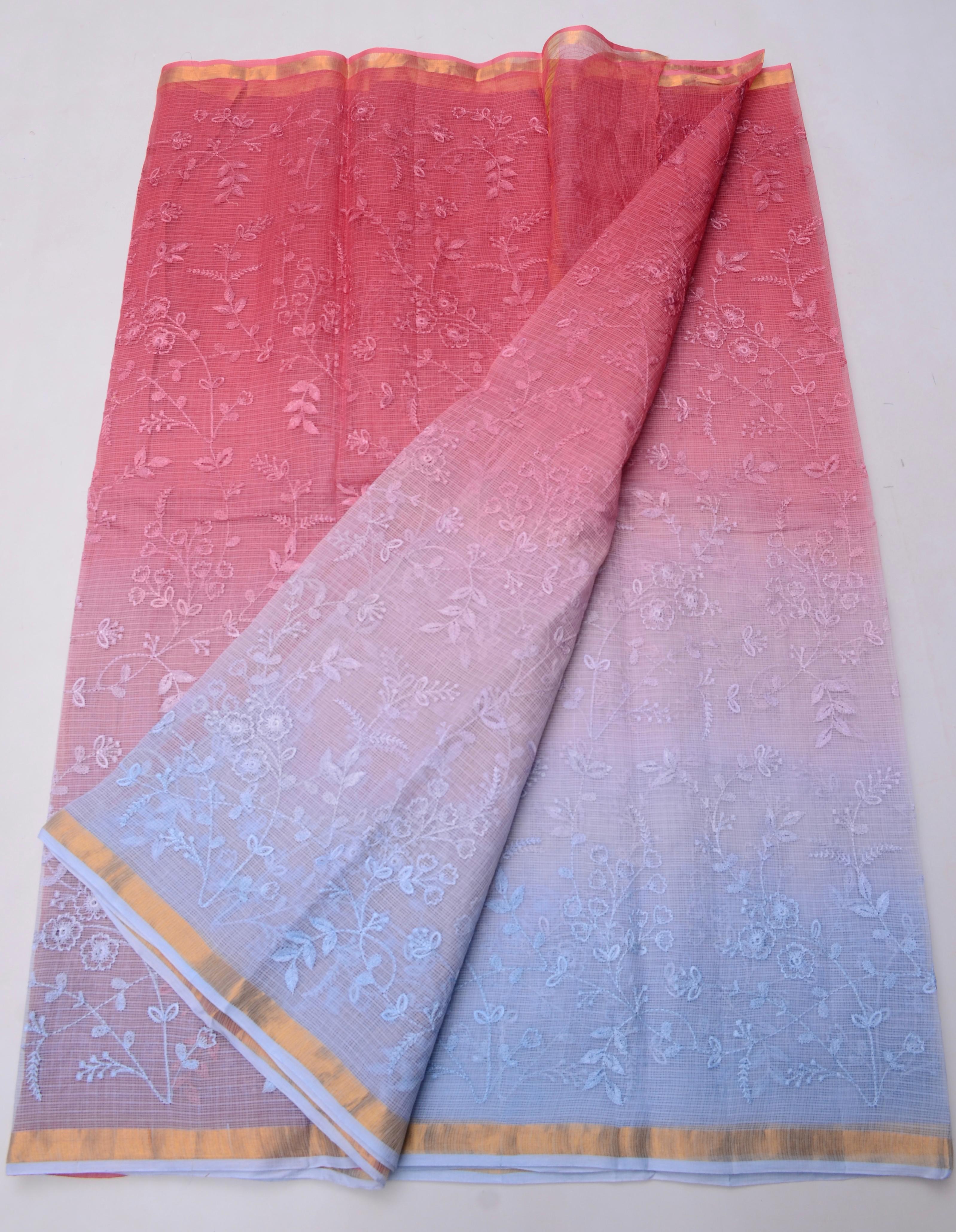 Red & Light Blue Kota Doria Embroidery Work Saree