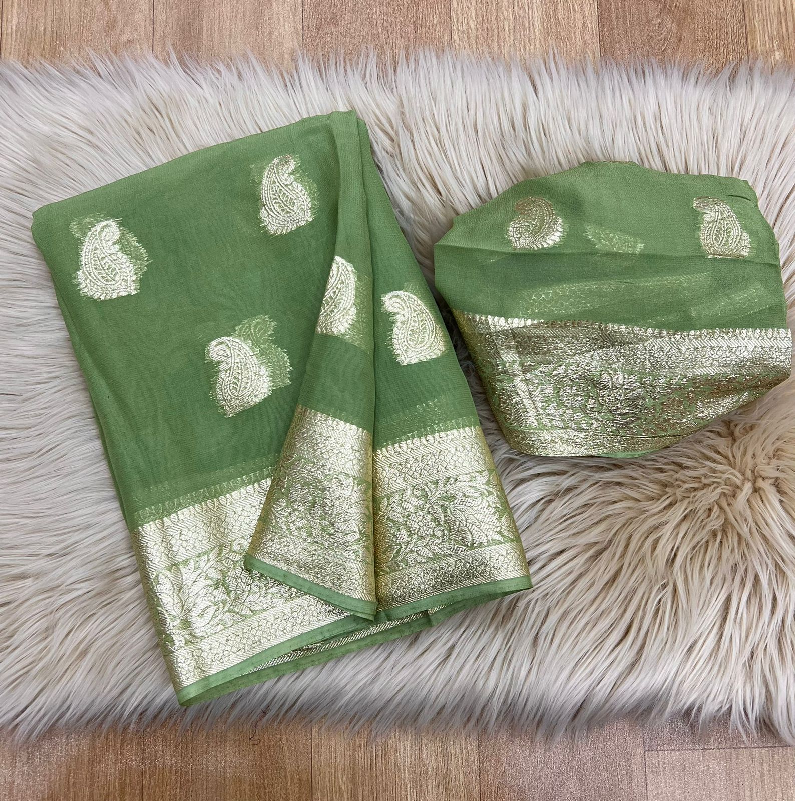 Light olive green Banarasee soft silk georgette Saree