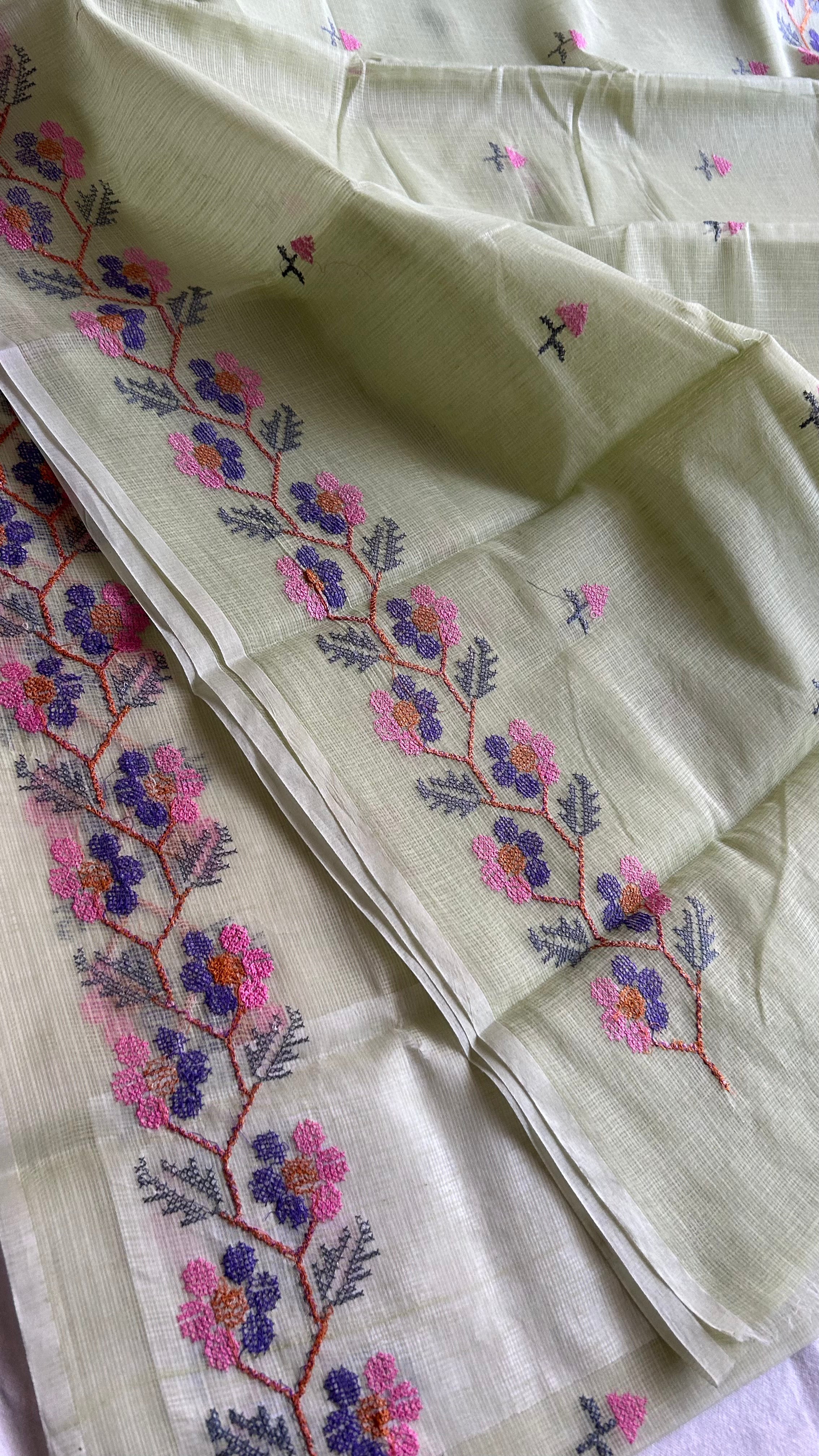 Cross Stitch Kota Doria Embroidery Work Saree In Pista Green