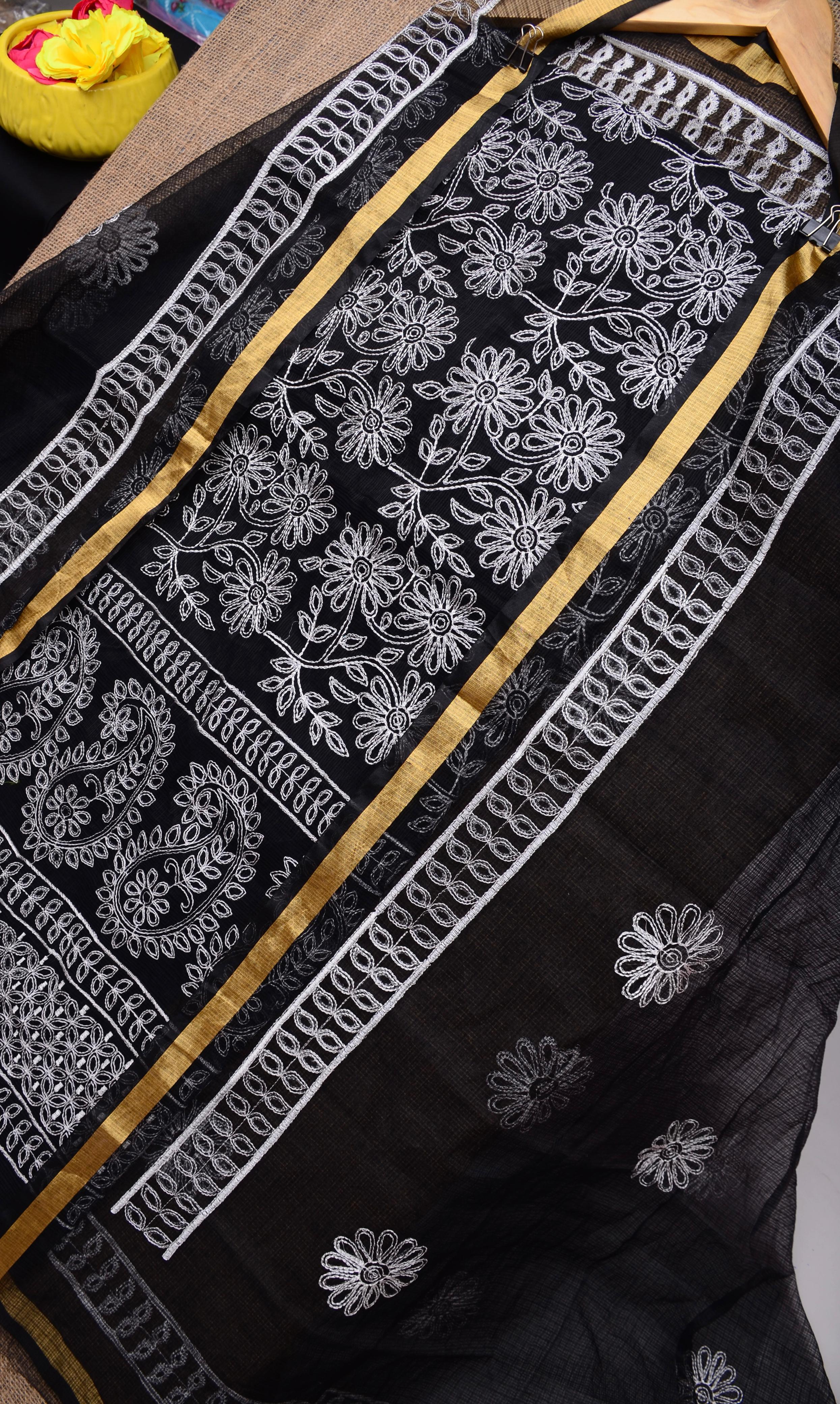 Black Embroided Cotton Kota Doria Suit Fabric With Dupatta