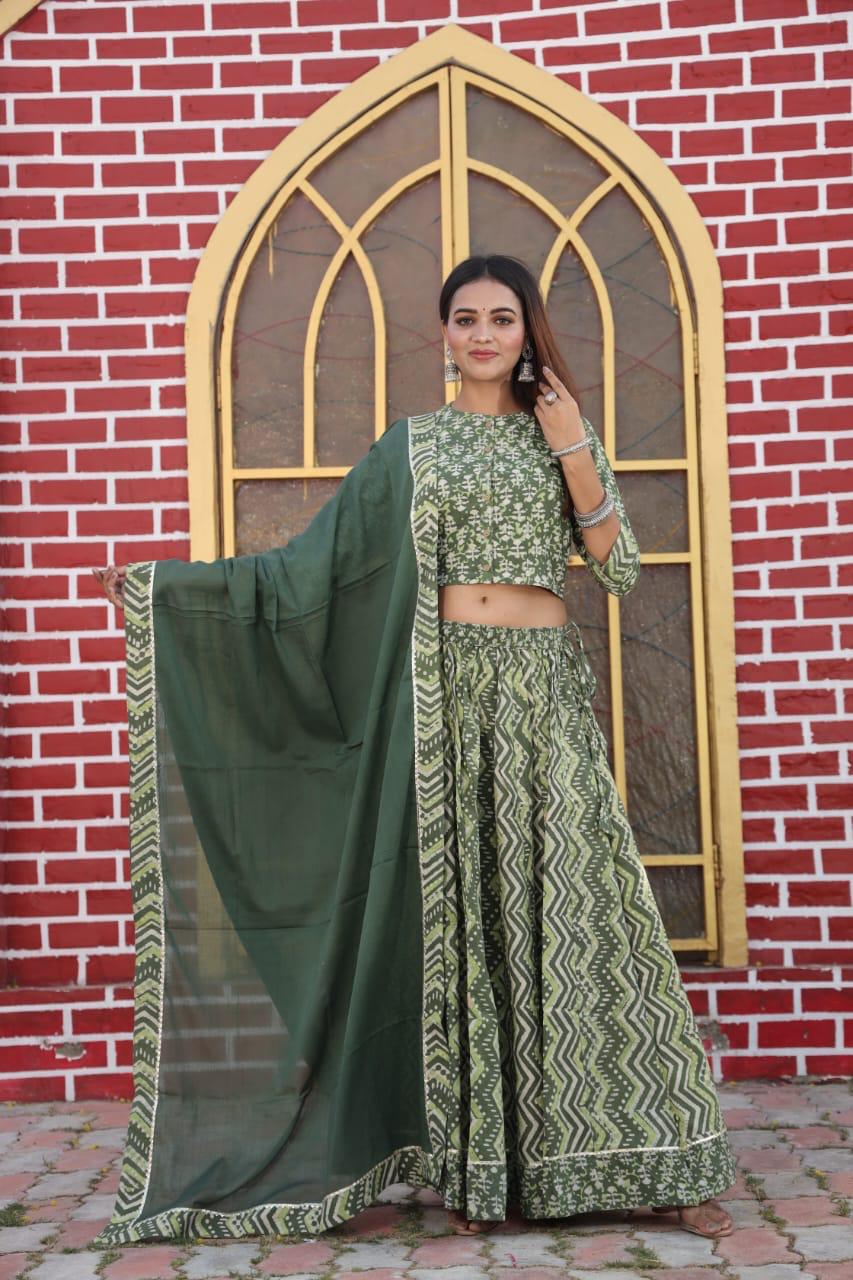 Green Colour Bagru Print Flora lehenga choli Set