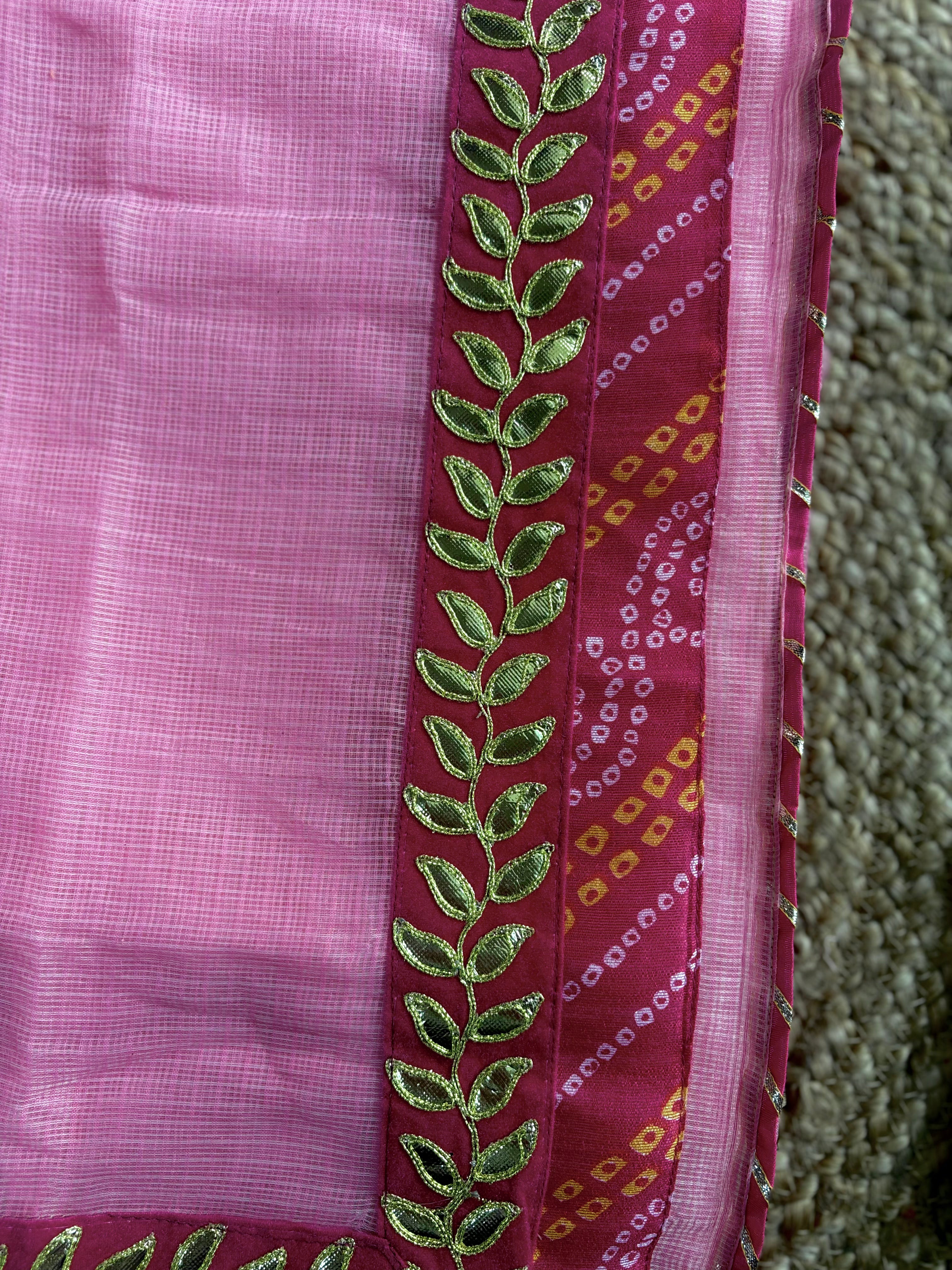 Pink colour Kota Doria Gota Patti Saree