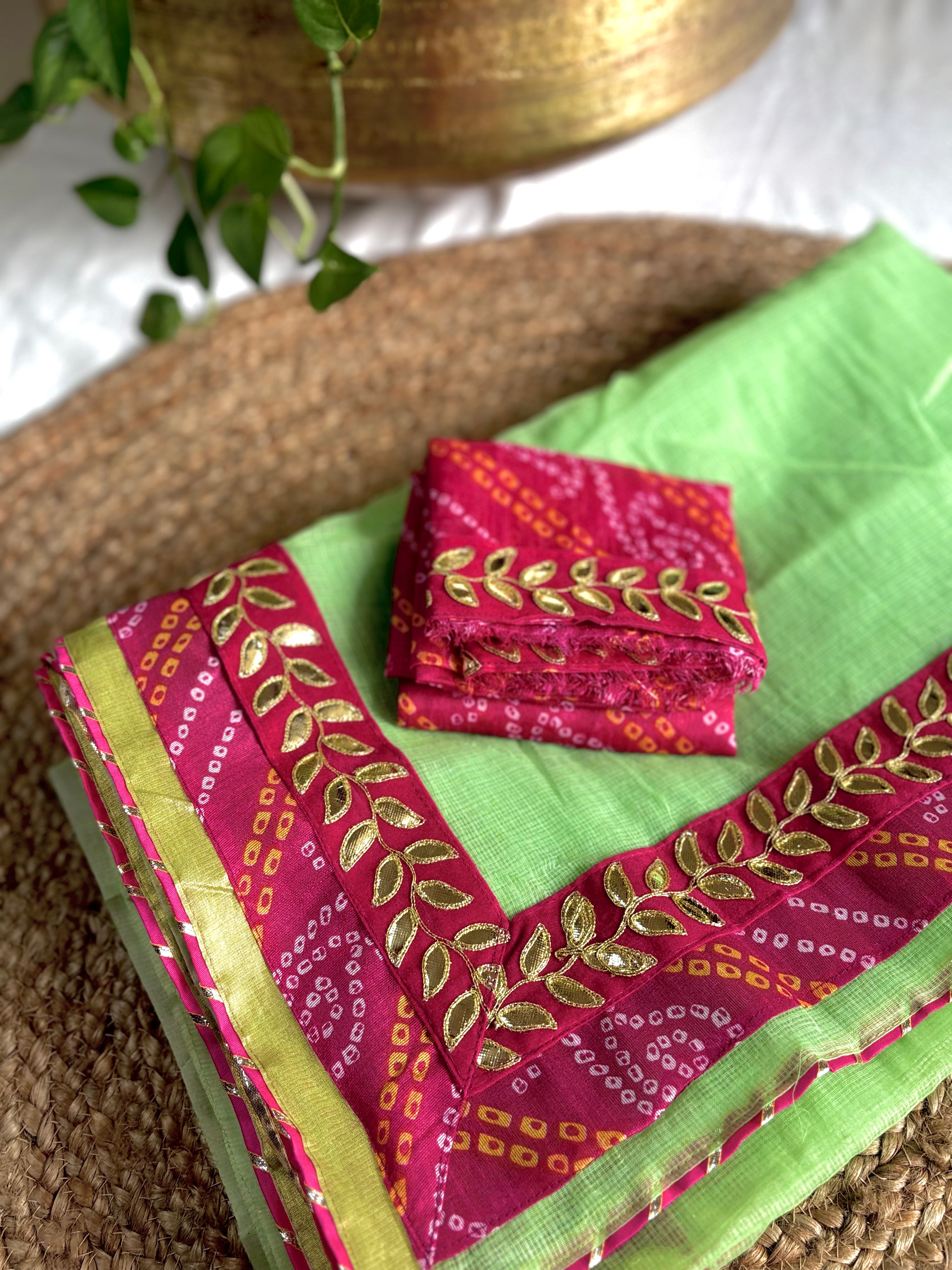 Panna Green colour Kota Doria Gota Patti Saree