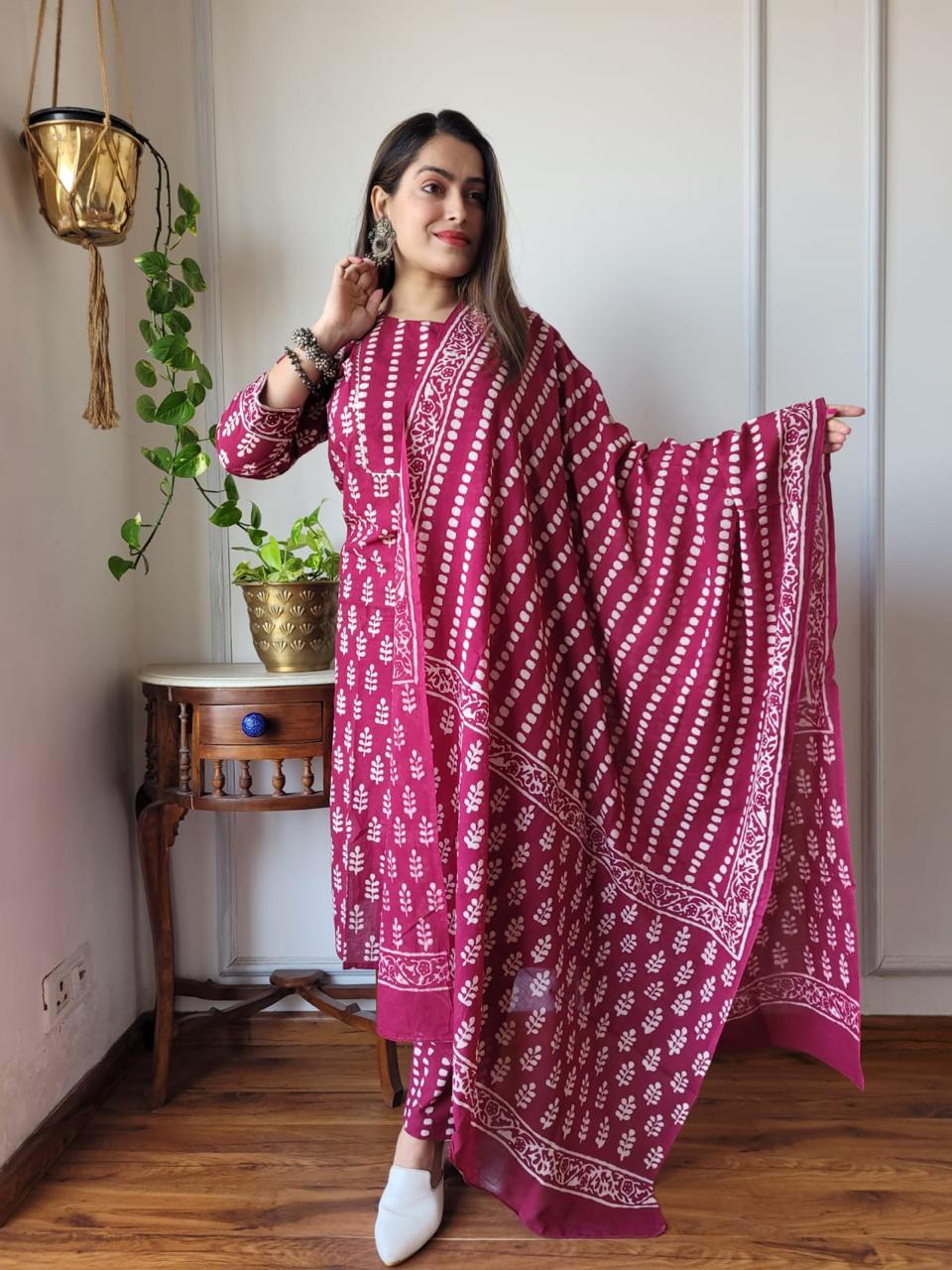 Maroon Block Print Suit Set And Dupatta