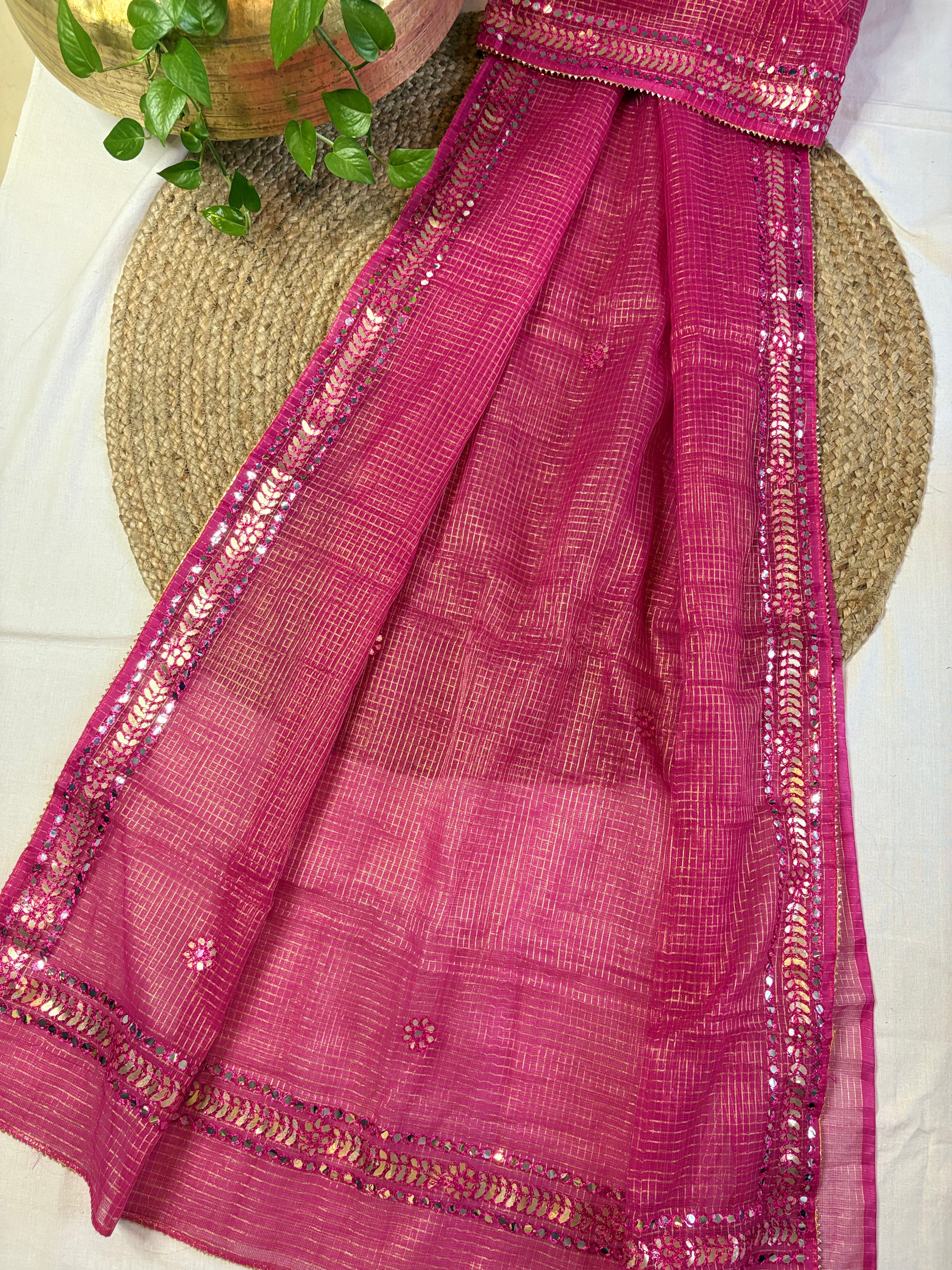 Hot Pink Kota Doria Gota Patti Saree