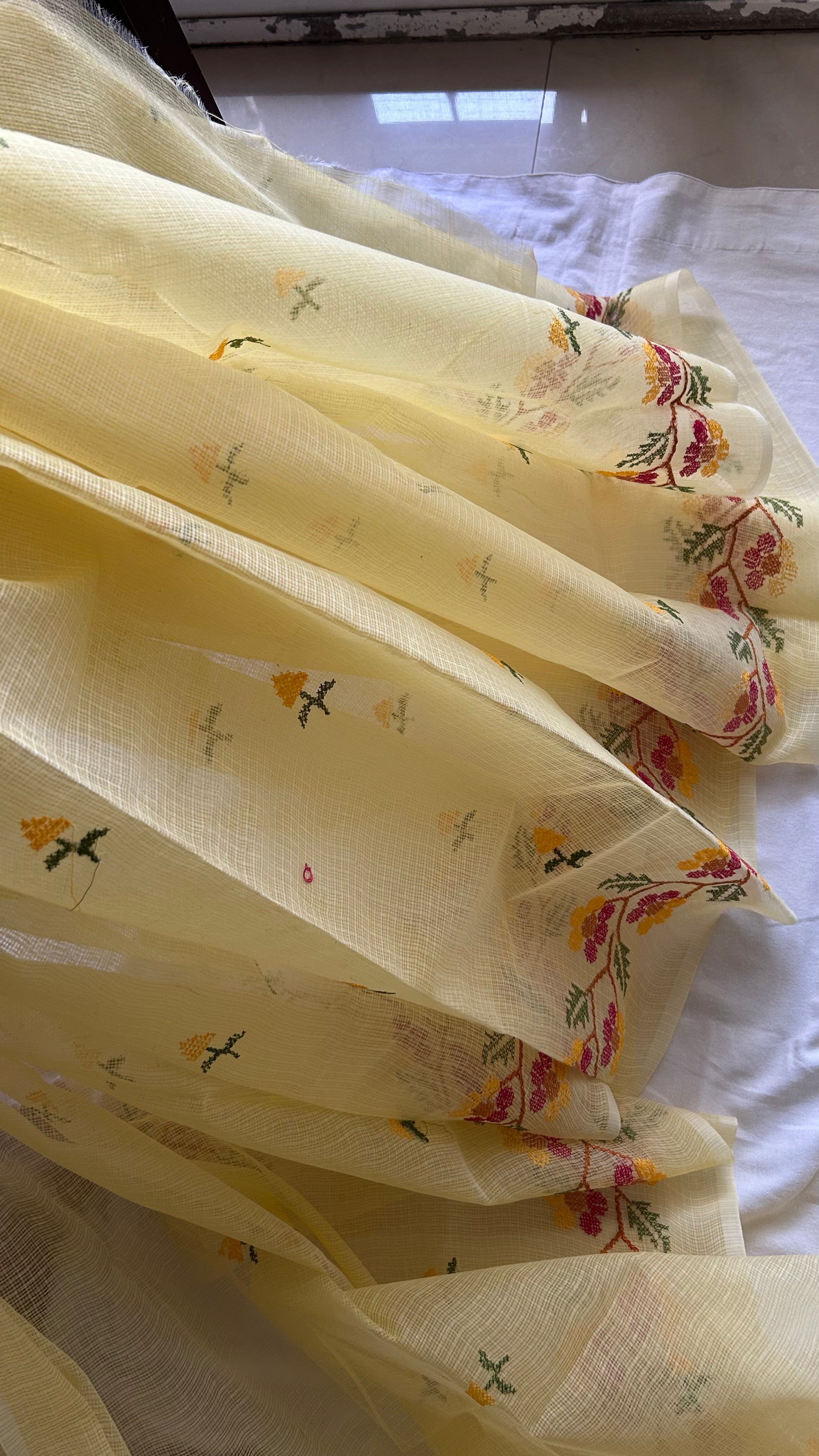 Cross Stitch Kota Doria Embroidery Work Saree In Yellow
