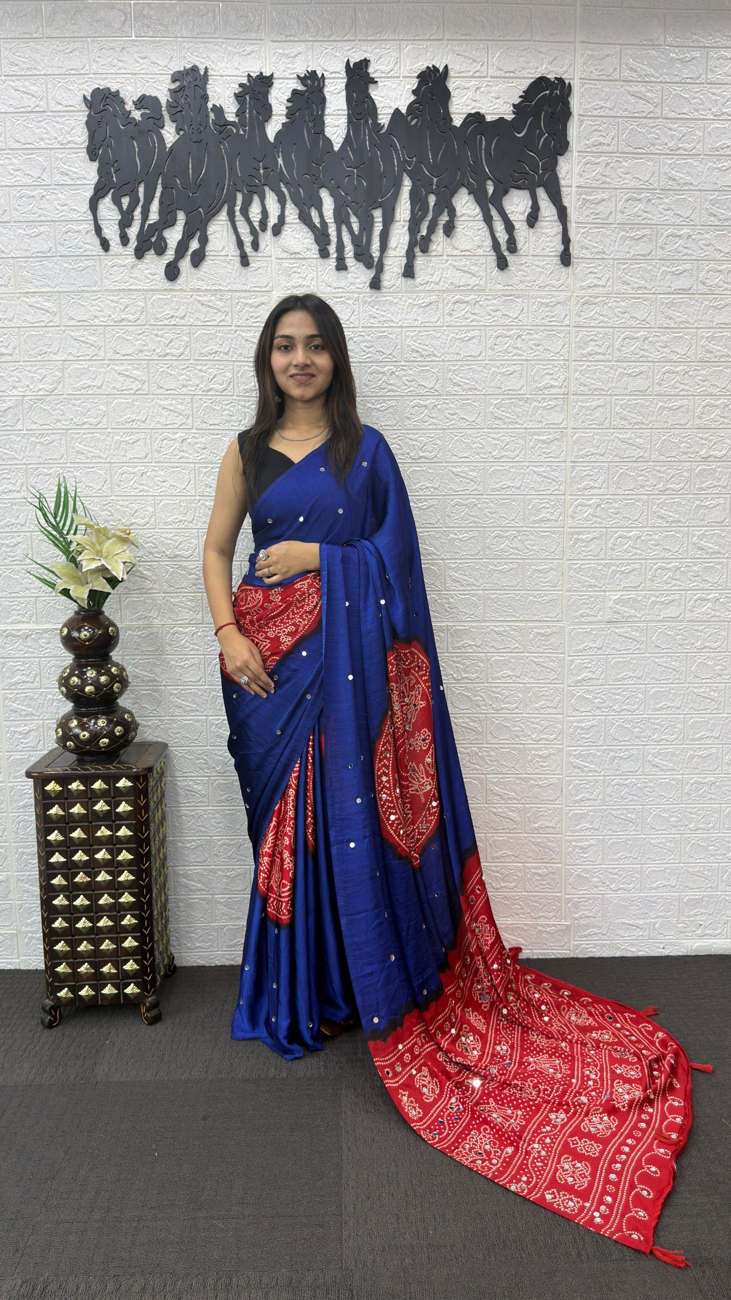 Blue Bandhani print Mirror Work Satin Silk Saree