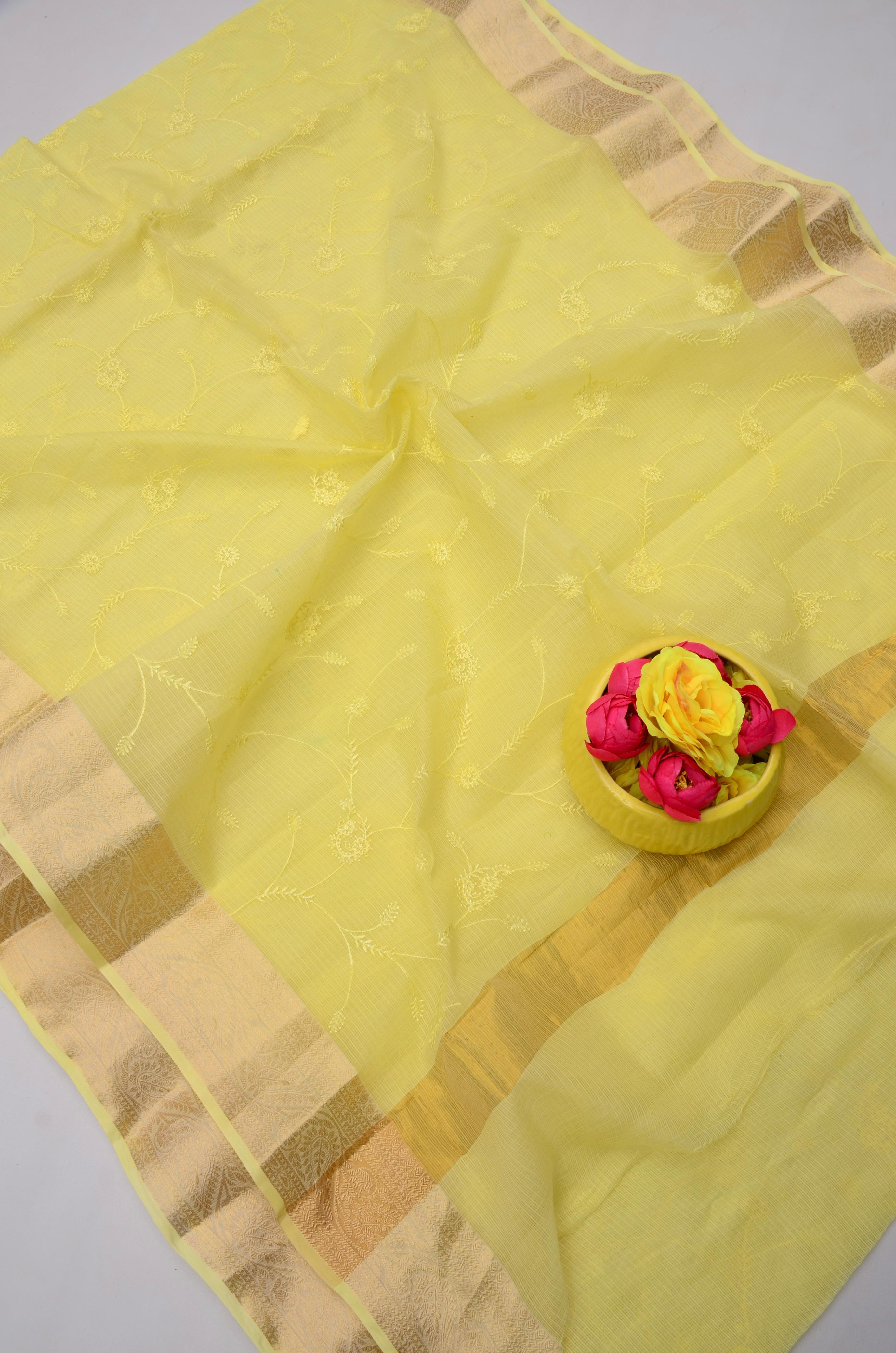 Yellow Kota Doria All Over Embroidery Work Saree