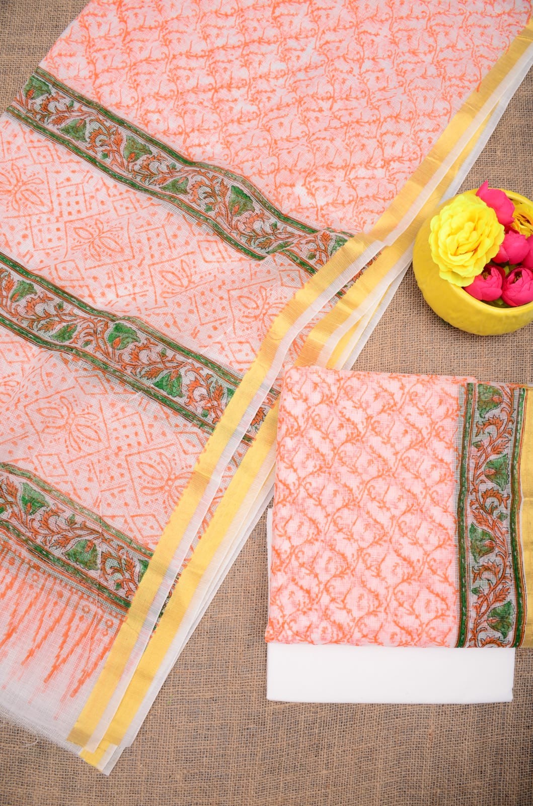 Summer Look Kota Doria Hand Block Print Suit In Peach (unstitched)