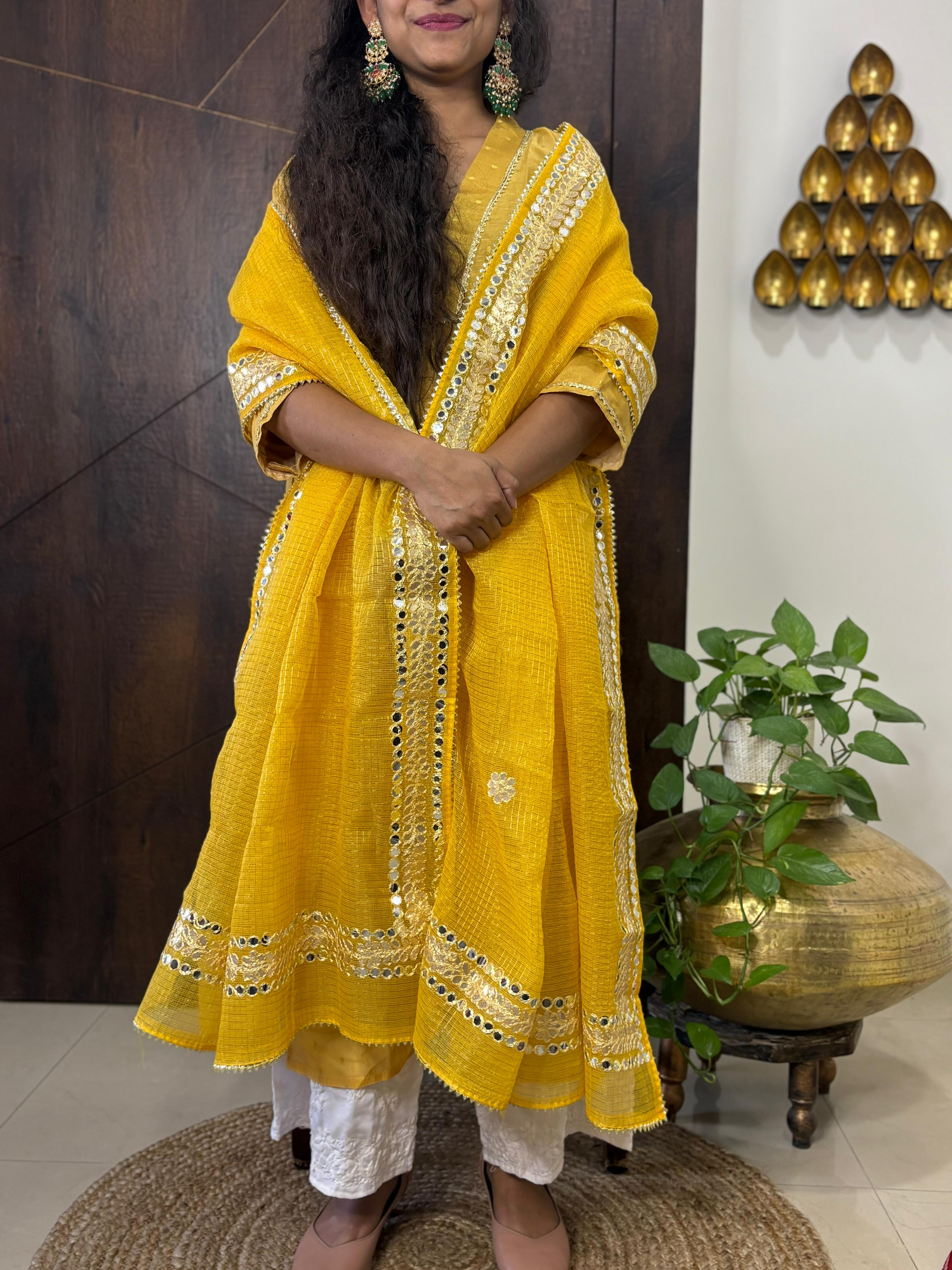 Yellow Kota Doria Heavy Gota Patti Work Dupatta