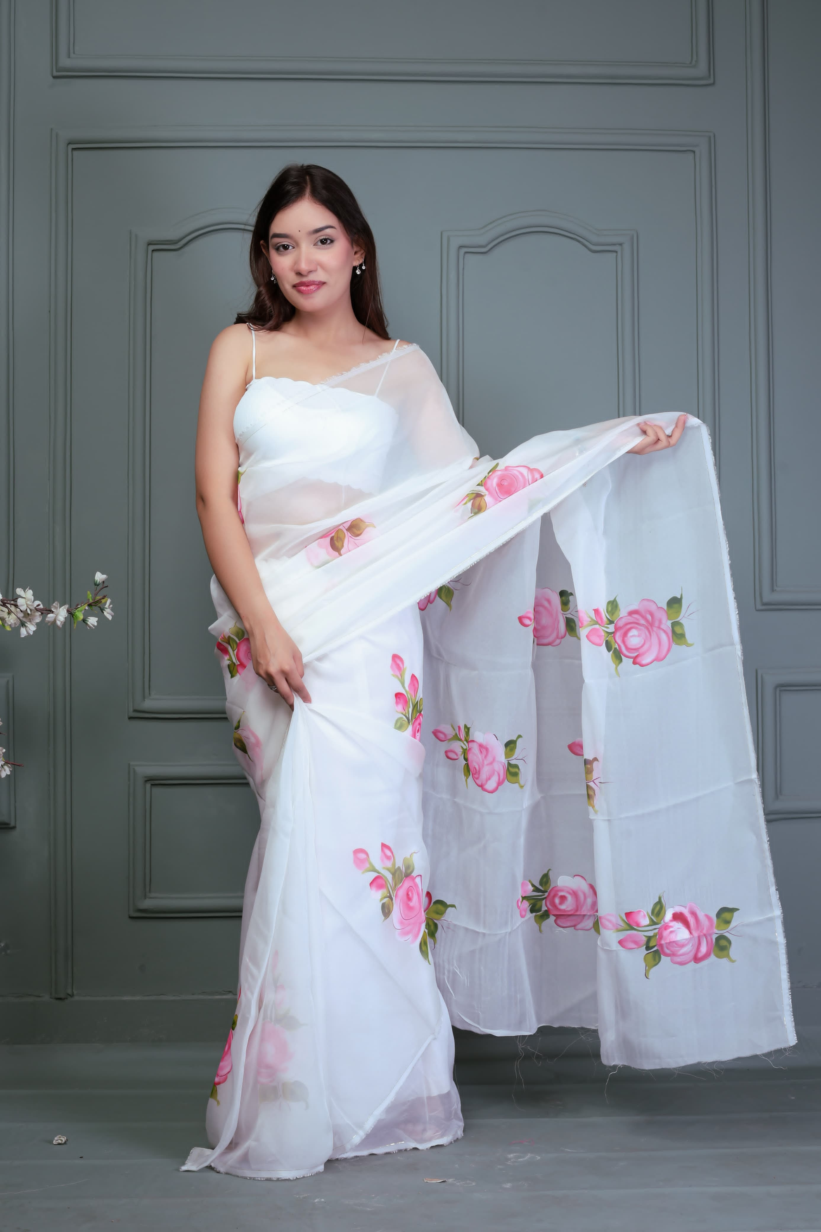 Organza Hand Painted Saree In white