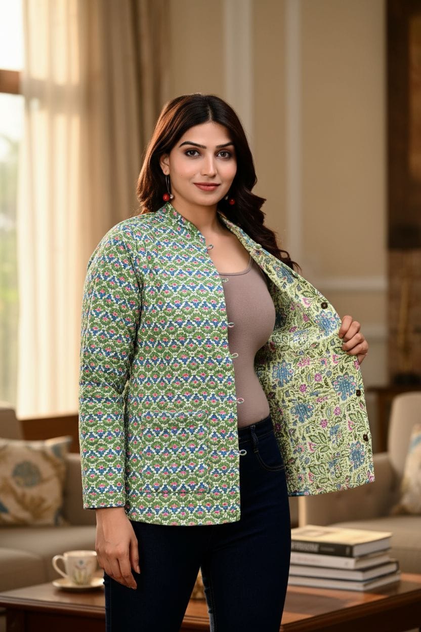 Beautiful Green Pure Cotton Quilted Reversible Print Jackets