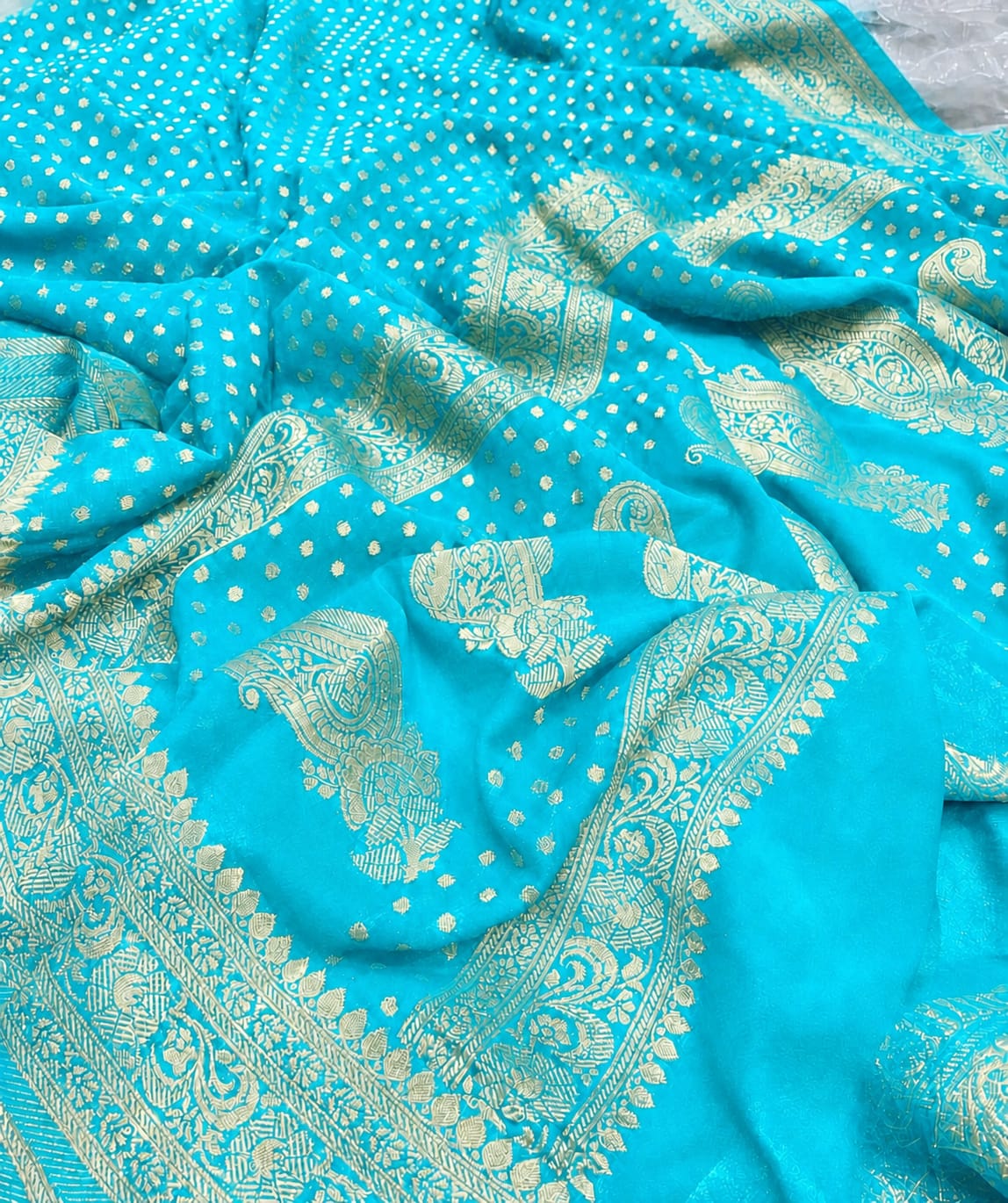 Blue Banarasee Semi Georgette Small Booti Work Saree