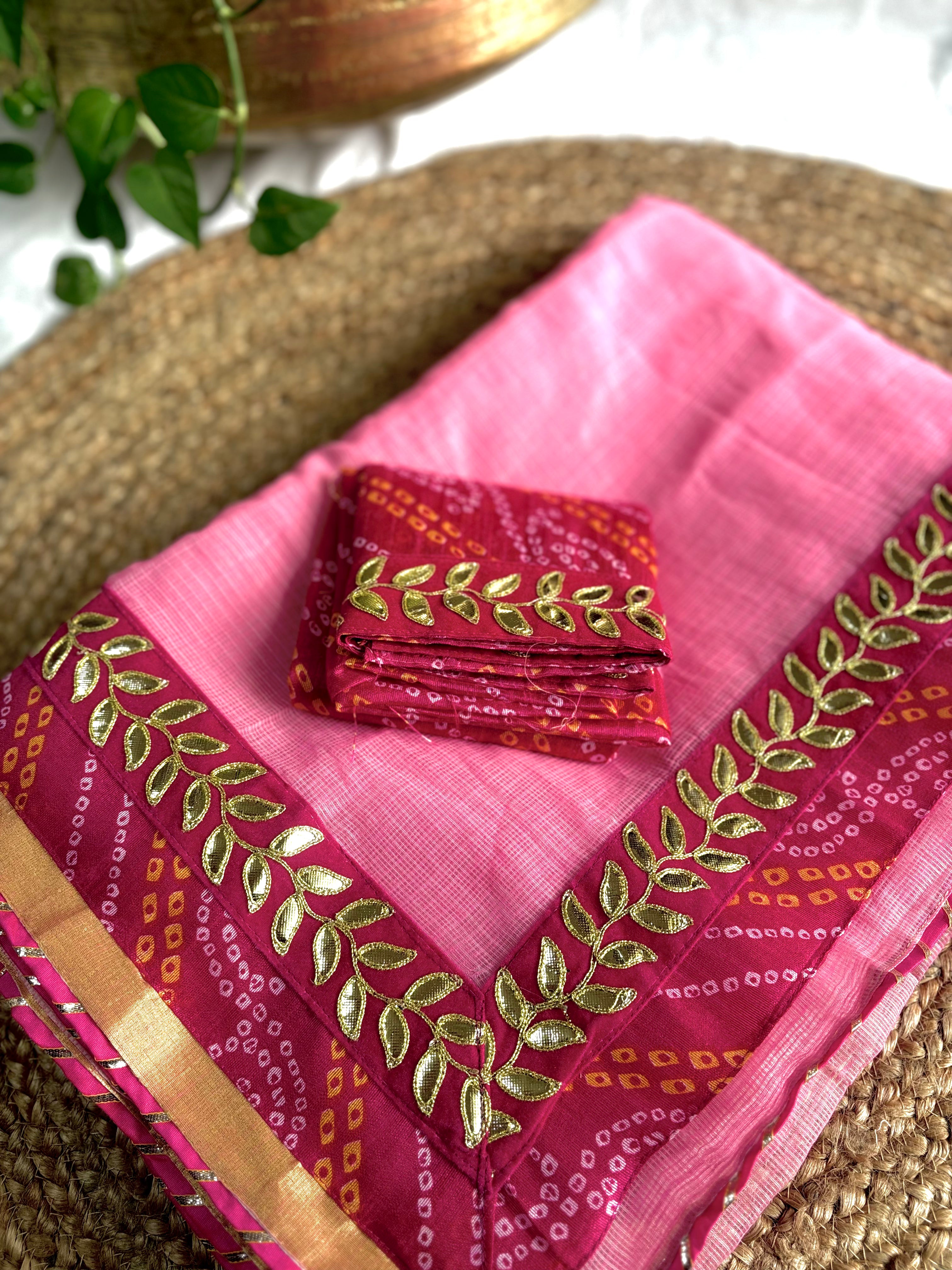 Pink colour Kota Doria Gota Patti Saree