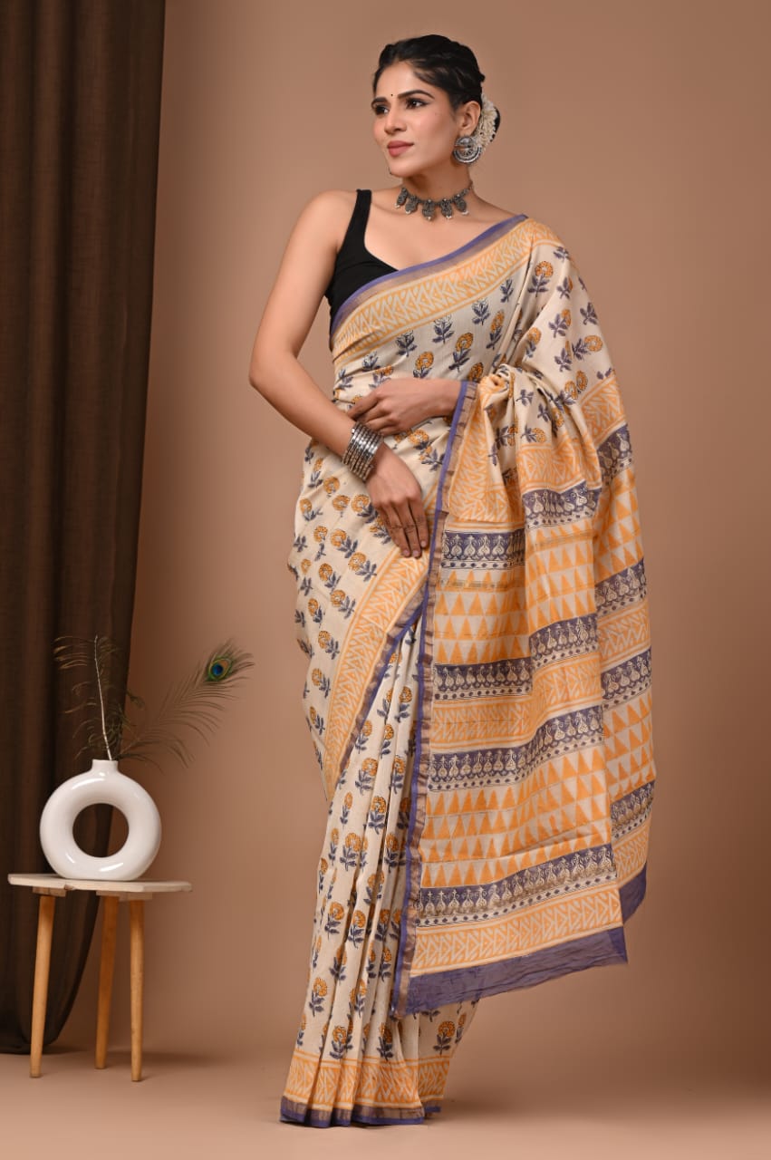 Cream Colour Chanderi Hand Block Printed  Saree