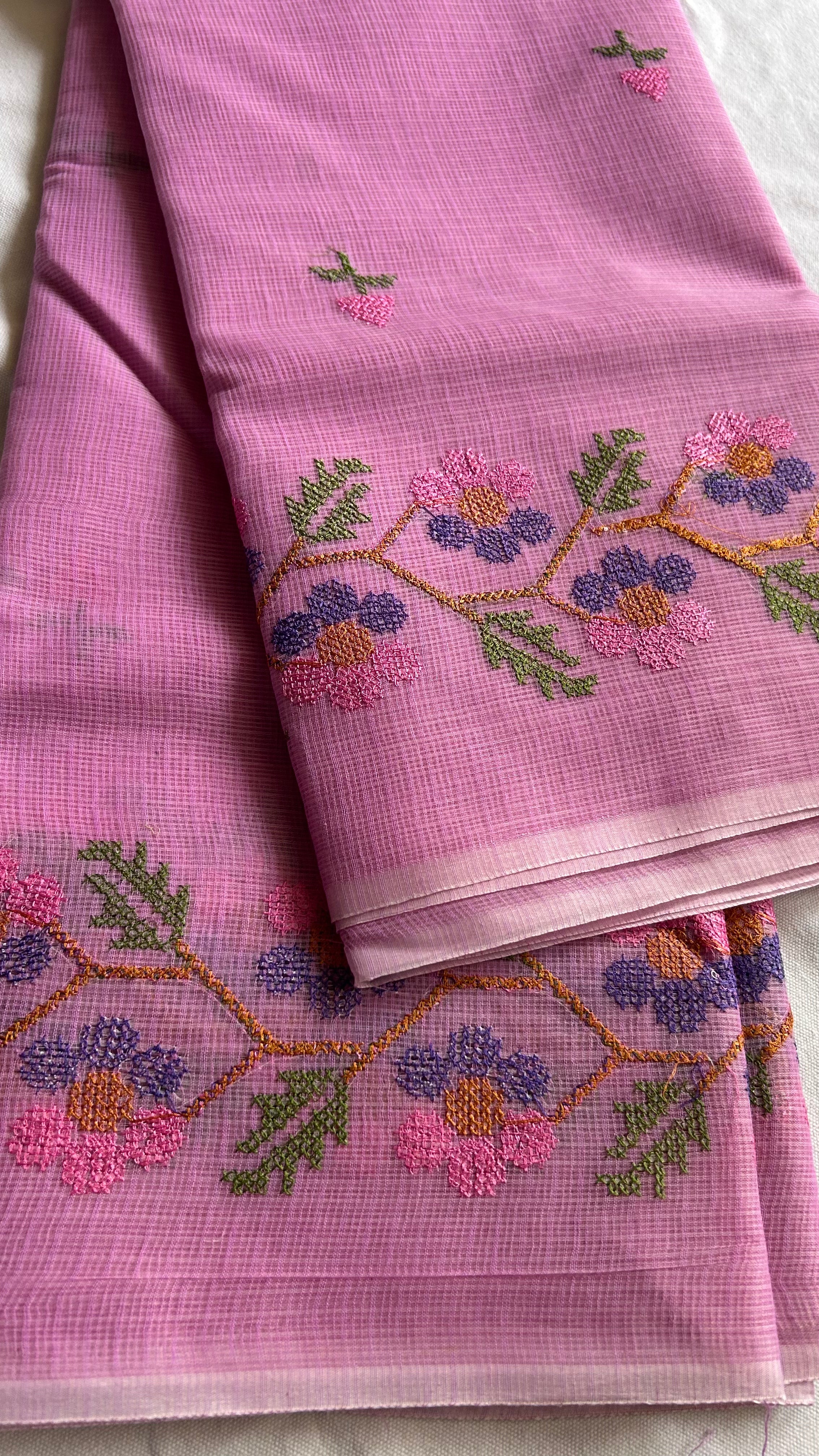 Cross Stitch Kota Doria Embroidery Work Saree In Pink