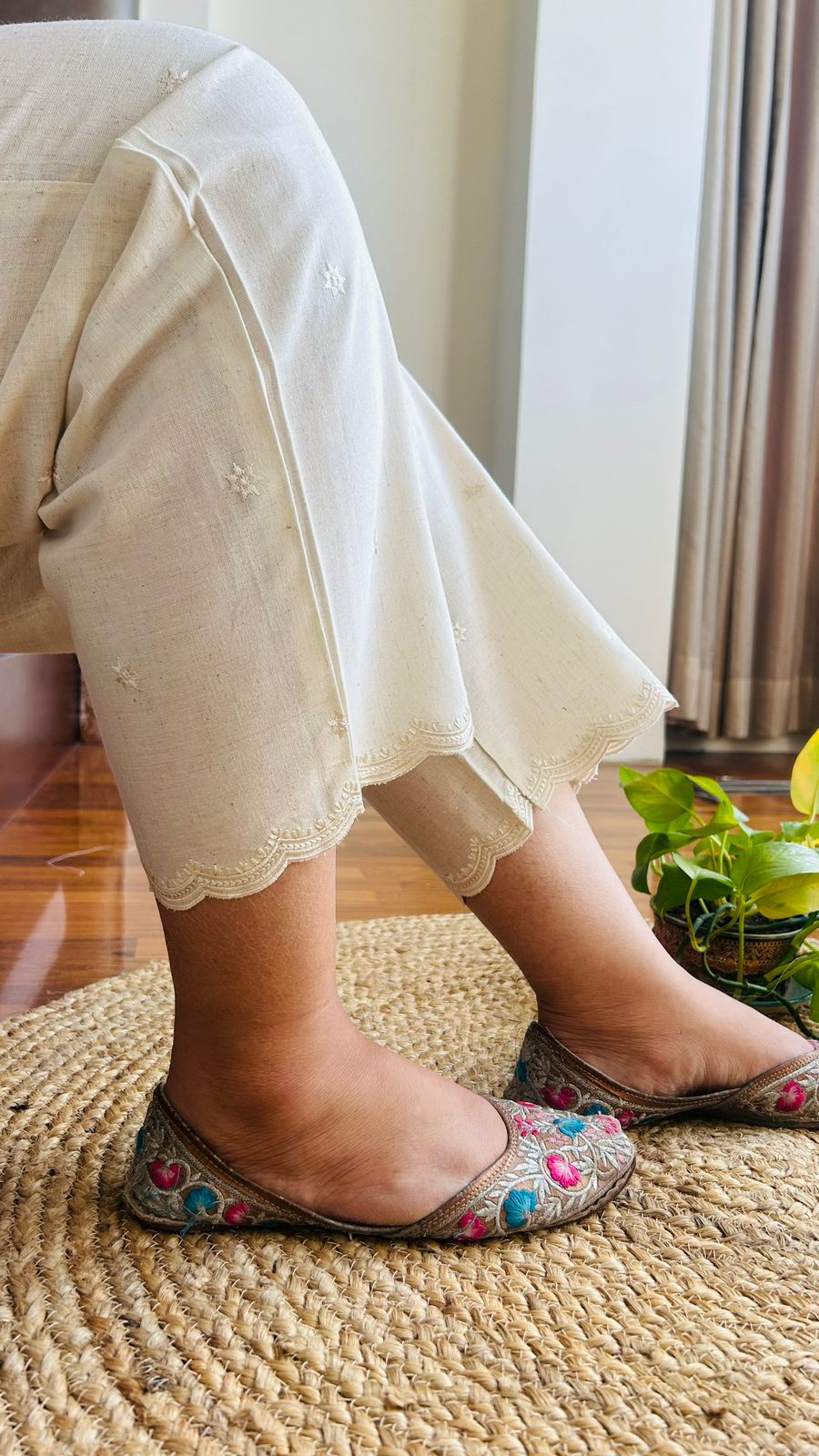 Inaaya Cream Flower Embroidery Straight Pant In Cotton For Women