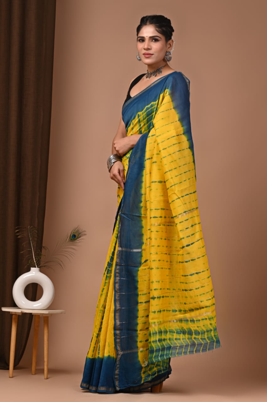 Yellow Chanderi Hand Printed  Saree